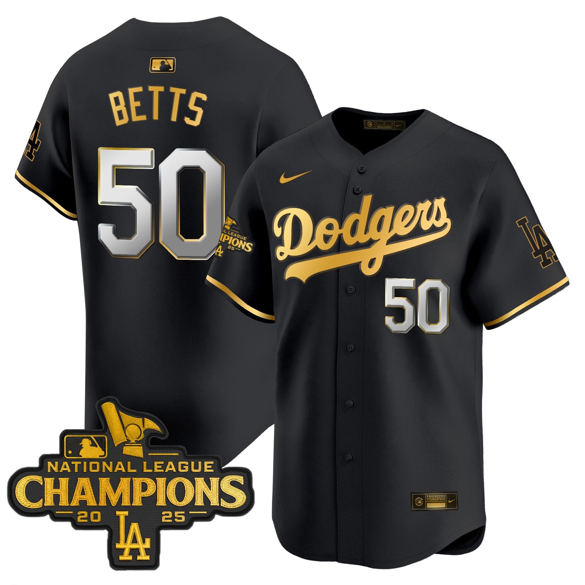Men's Dodgers 2025 National League Champions Vapor Premier Limited Jersey - All Stitched - Black Gold, Mookie Betts