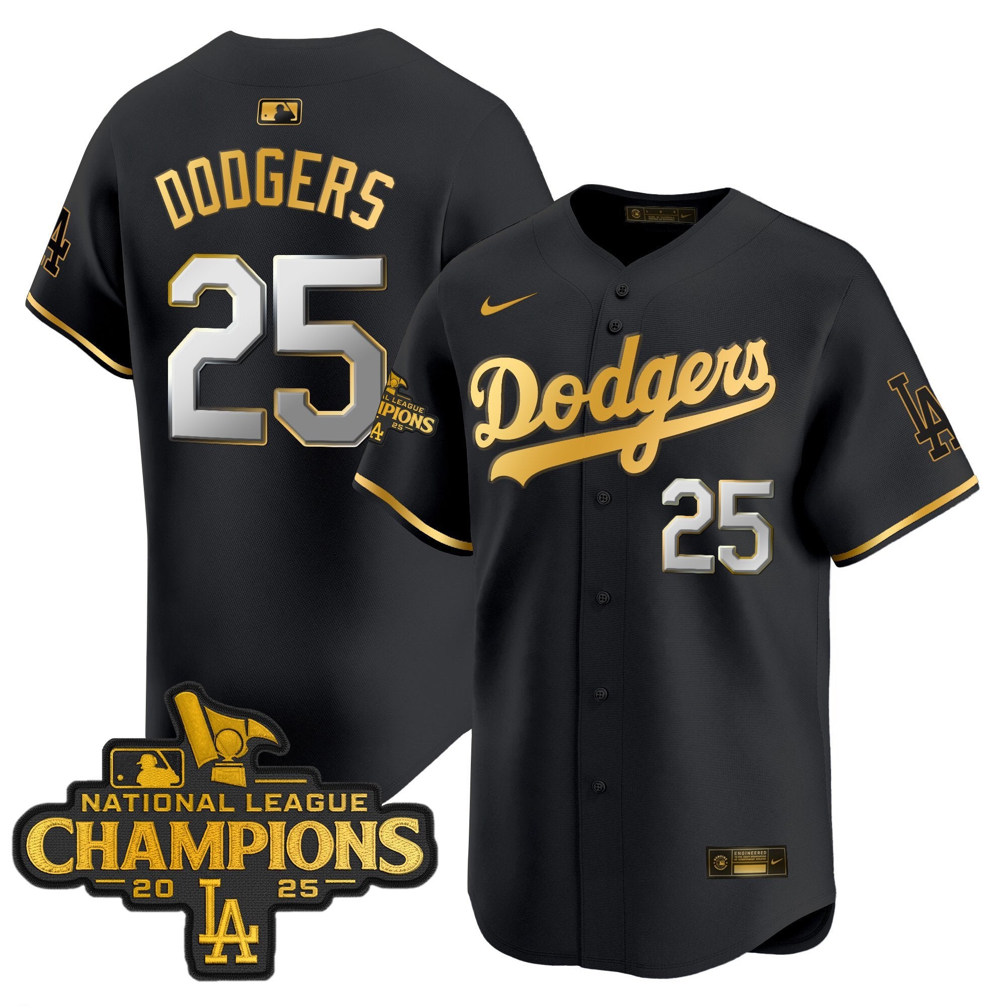 Men's Dodgers 2025 National League Champions Vapor Premier Limited Jersey - All Stitched - Black Gold, #25 Dodgers