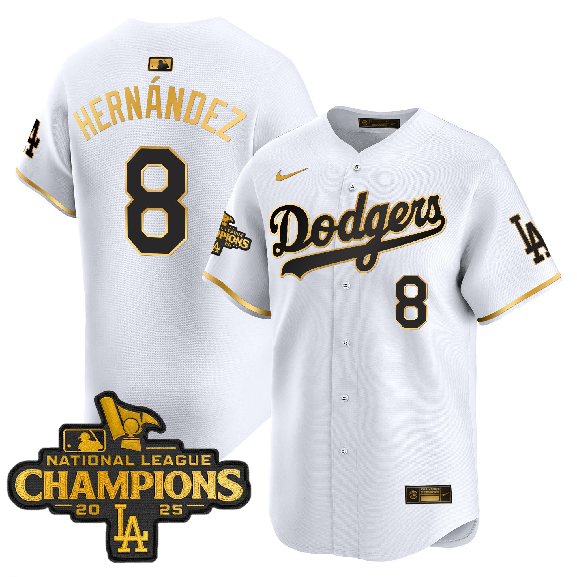 Men's Dodgers 2025 National League Champions Vapor Premier Limited Jersey - All Stitched - White Gold, Kike Hernandez