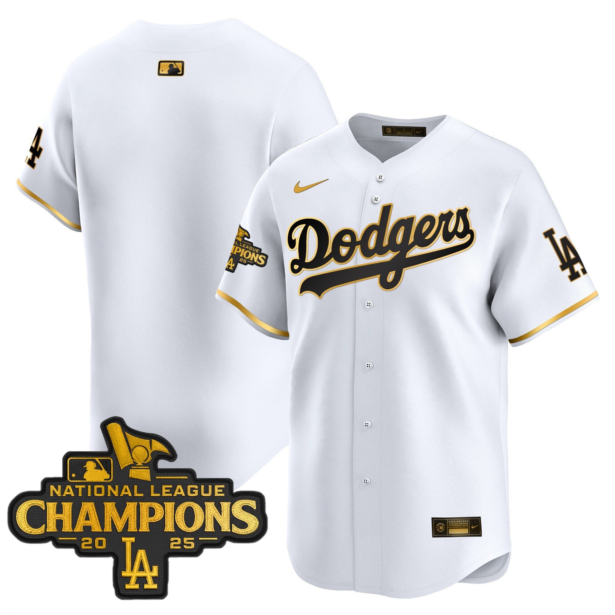 Men's Dodgers 2025 National League Champions Vapor Premier Limited Jersey - All Stitched - White Gold, Team