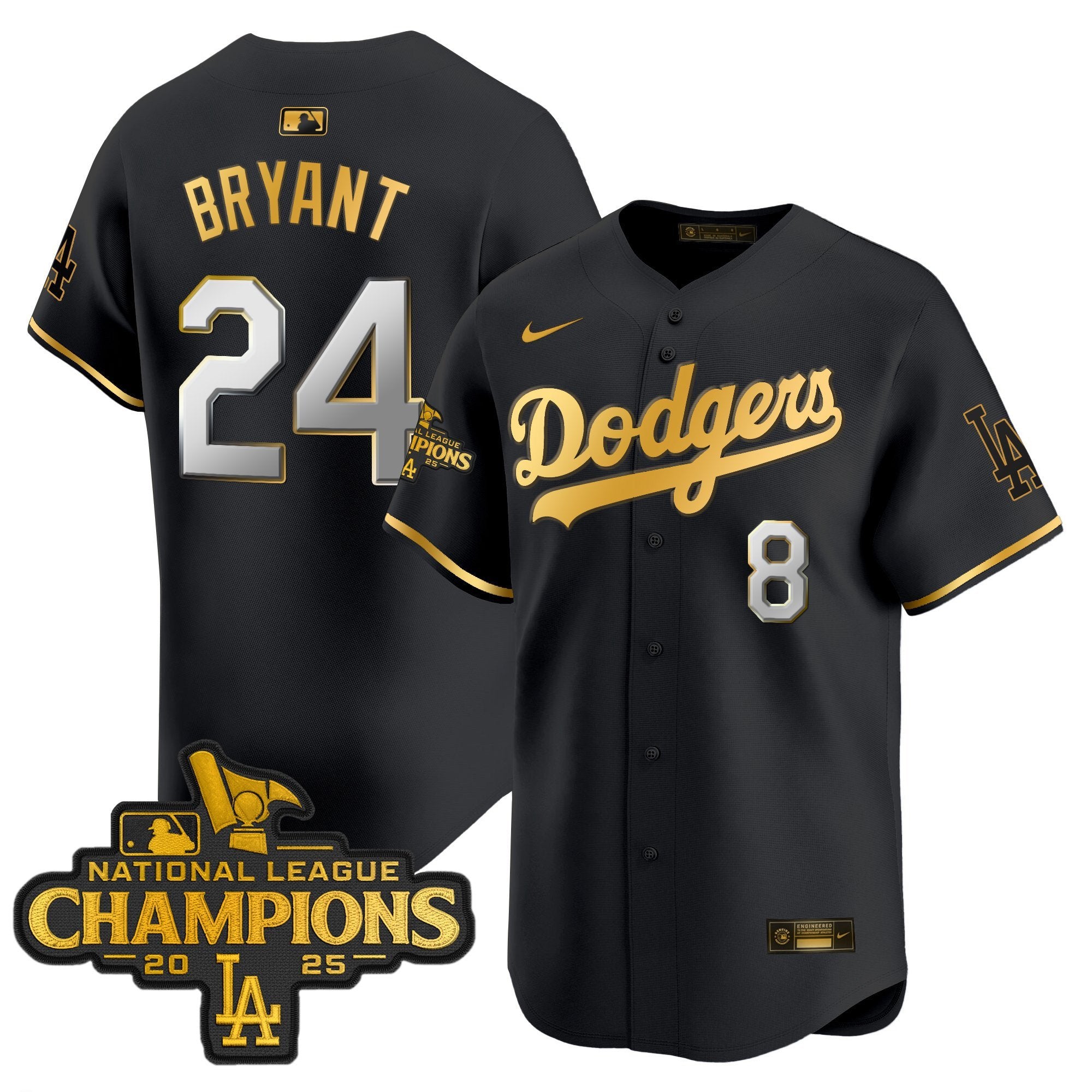 Men's Dodgers 2025 National League Champions Vapor Premier Limited Jersey - All Stitched - Black Gold, Kobe Bryant