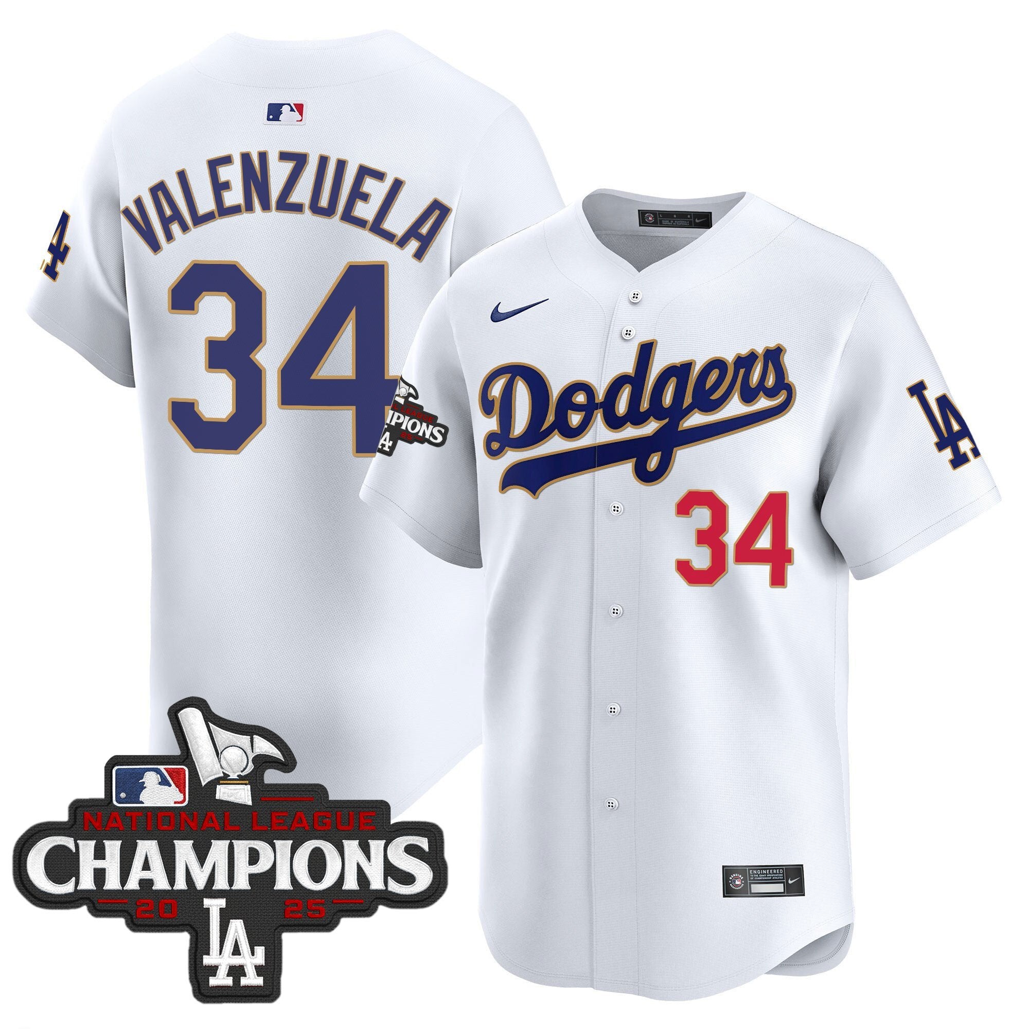 Men's Dodgers 2025 National League Champions Vapor Premier Limited Jersey - All Stitched - White, Fernando Valenzuela