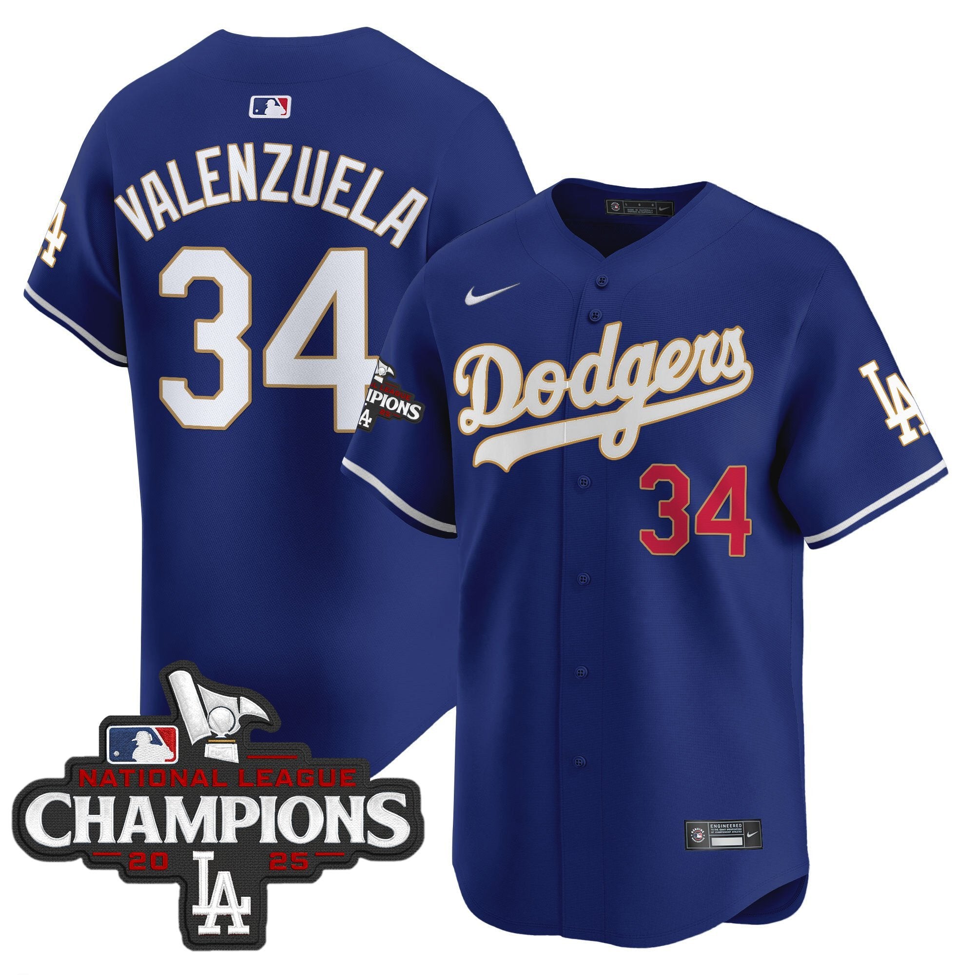 Men's Dodgers 2025 National League Champions Vapor Premier Limited Jersey - All Stitched - Royal, Fernando Valenzuela