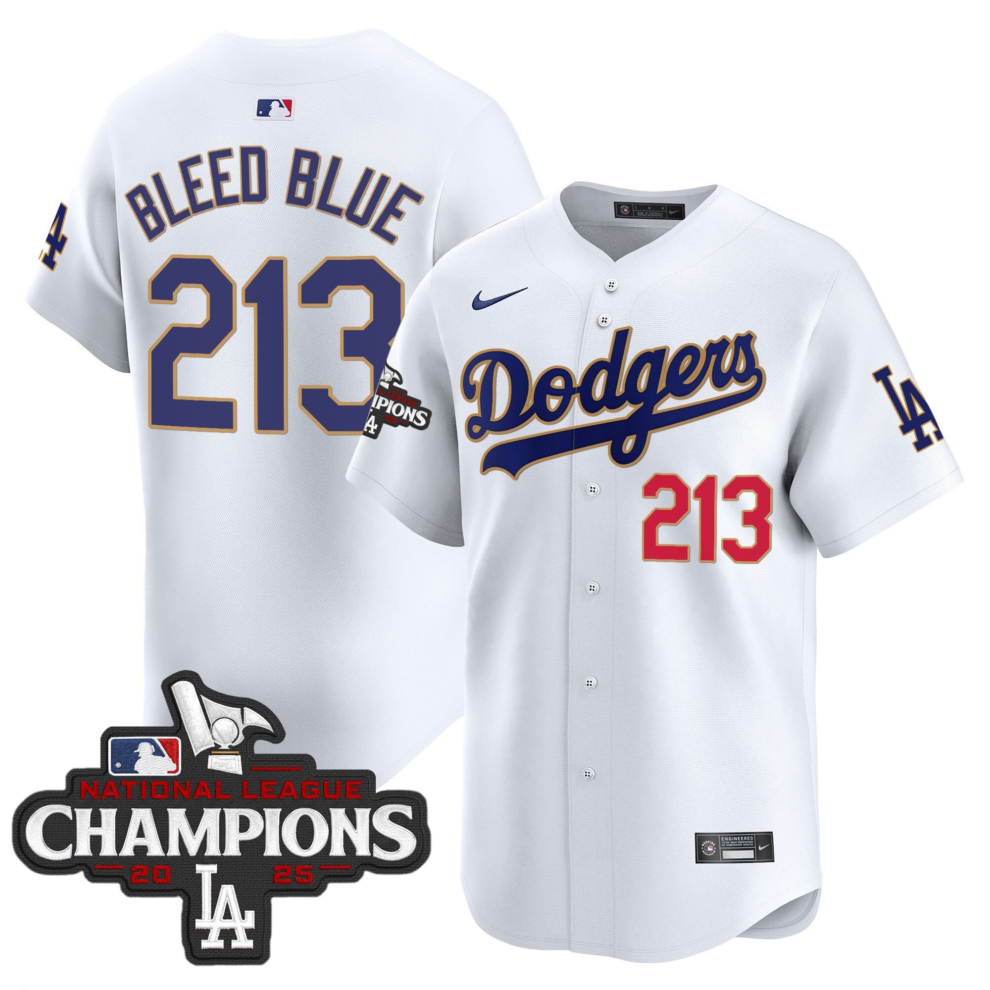 Men's Dodgers 2025 National League Champions Vapor Premier Limited Jersey - All Stitched - White, Bleed Blue 213