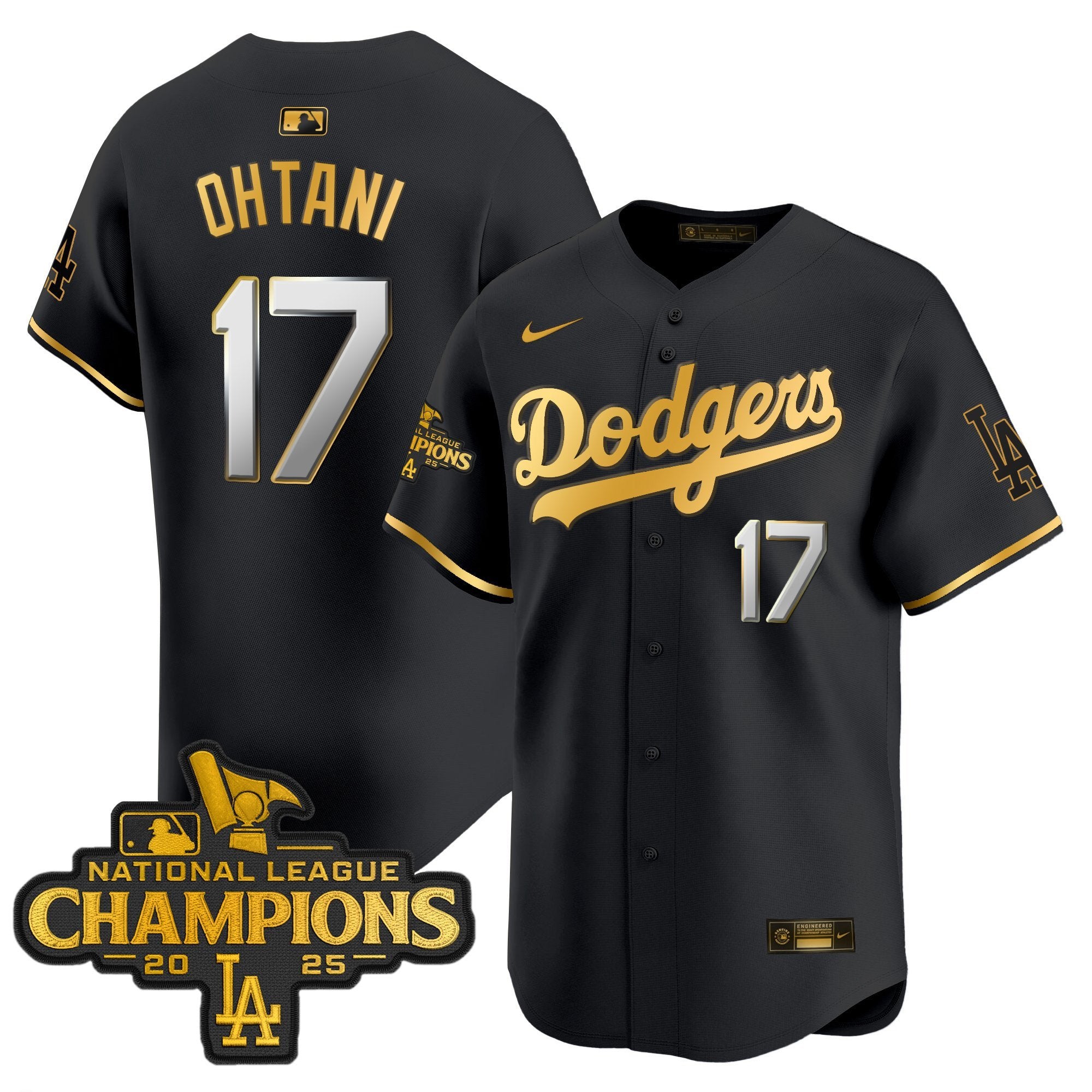Men's Dodgers 2025 National League Champions Vapor Premier Limited Jersey - All Stitched - Black Gold, Shohei Ohtani