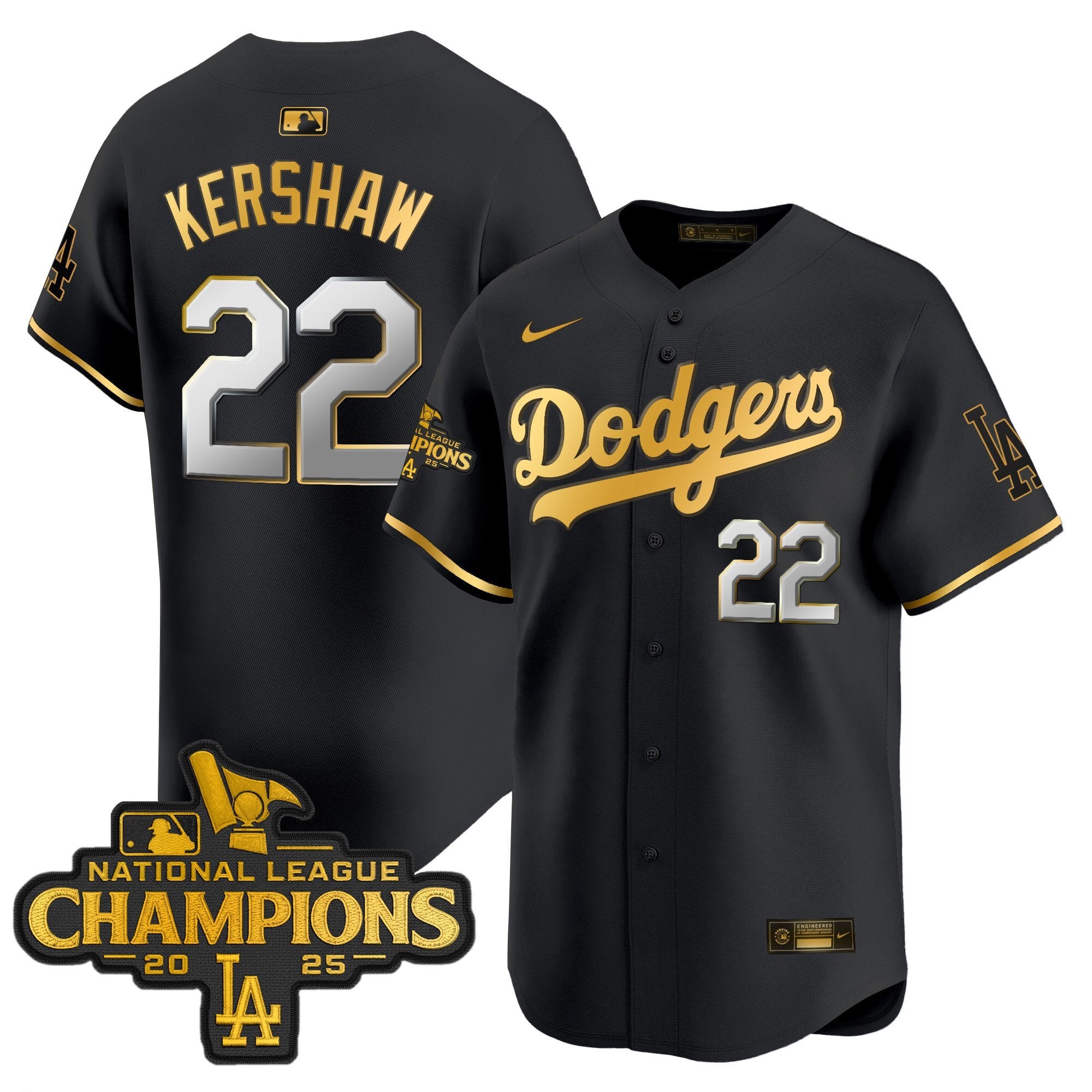Men's Dodgers 2025 National League Champions Vapor Premier Limited Jersey - All Stitched - Black Gold, Clayton Kershaw