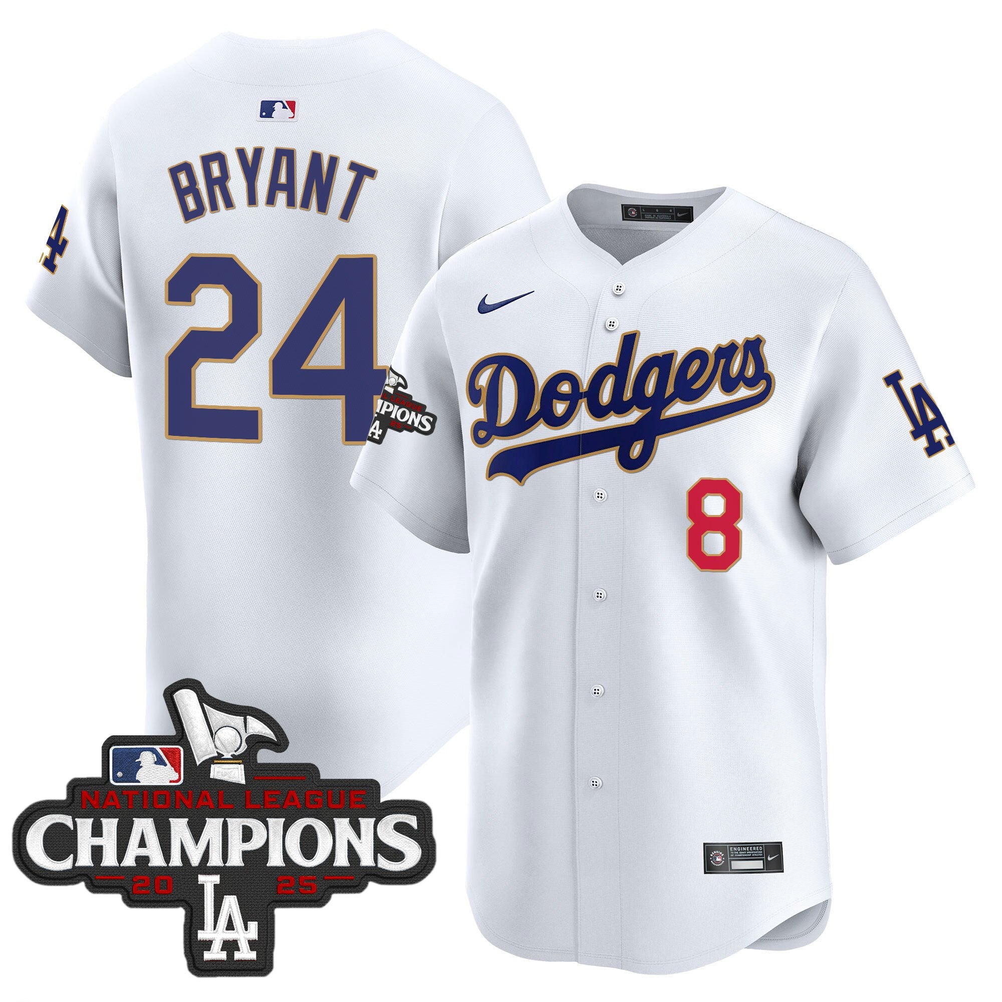 Men's Dodgers 2025 National League Champions Vapor Premier Limited Jersey - All Stitched - White, Kobe Bryant