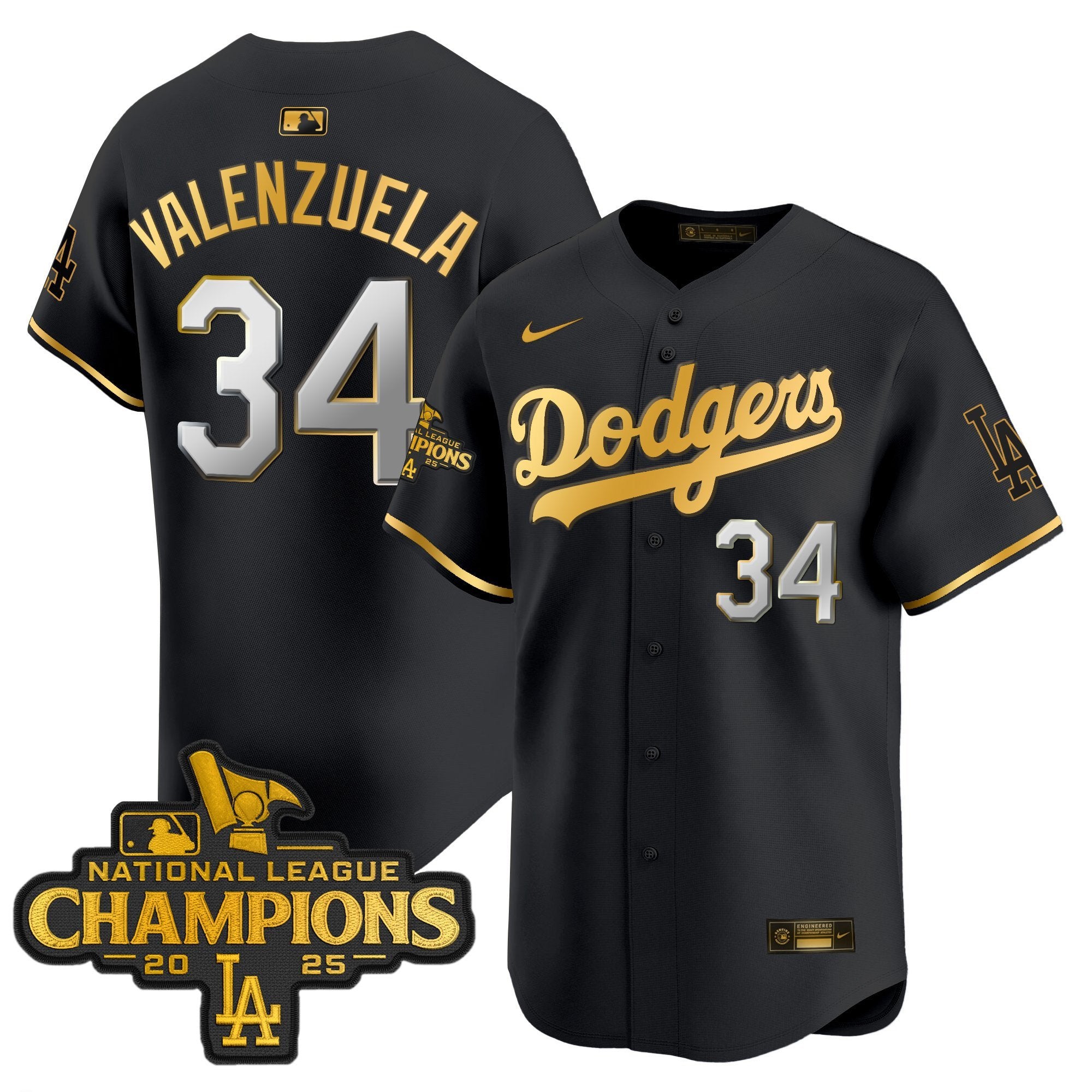 Men's Dodgers 2025 National League Champions Vapor Premier Limited Jersey - All Stitched - Black Gold, Fernando Valenzuela