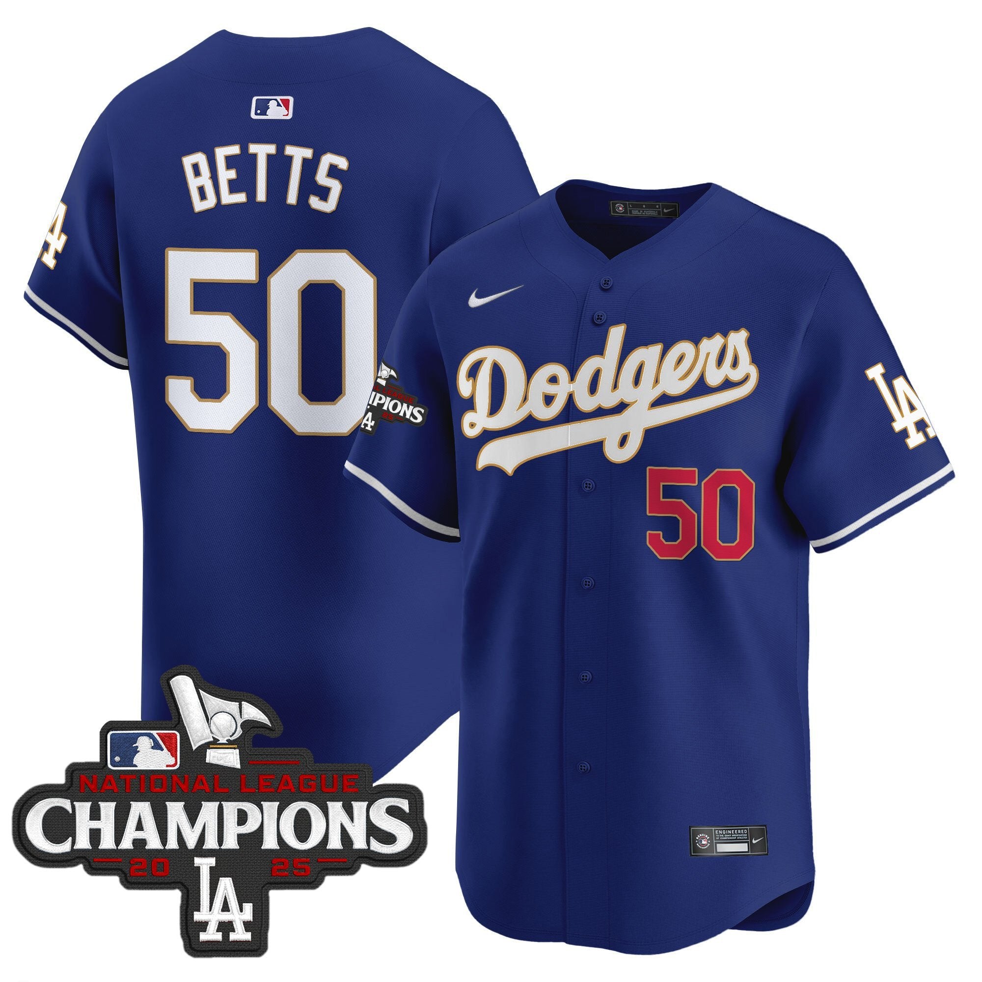 Men's Dodgers 2025 National League Champions Vapor Premier Limited Jersey - All Stitched - Royal, Mookie Betts