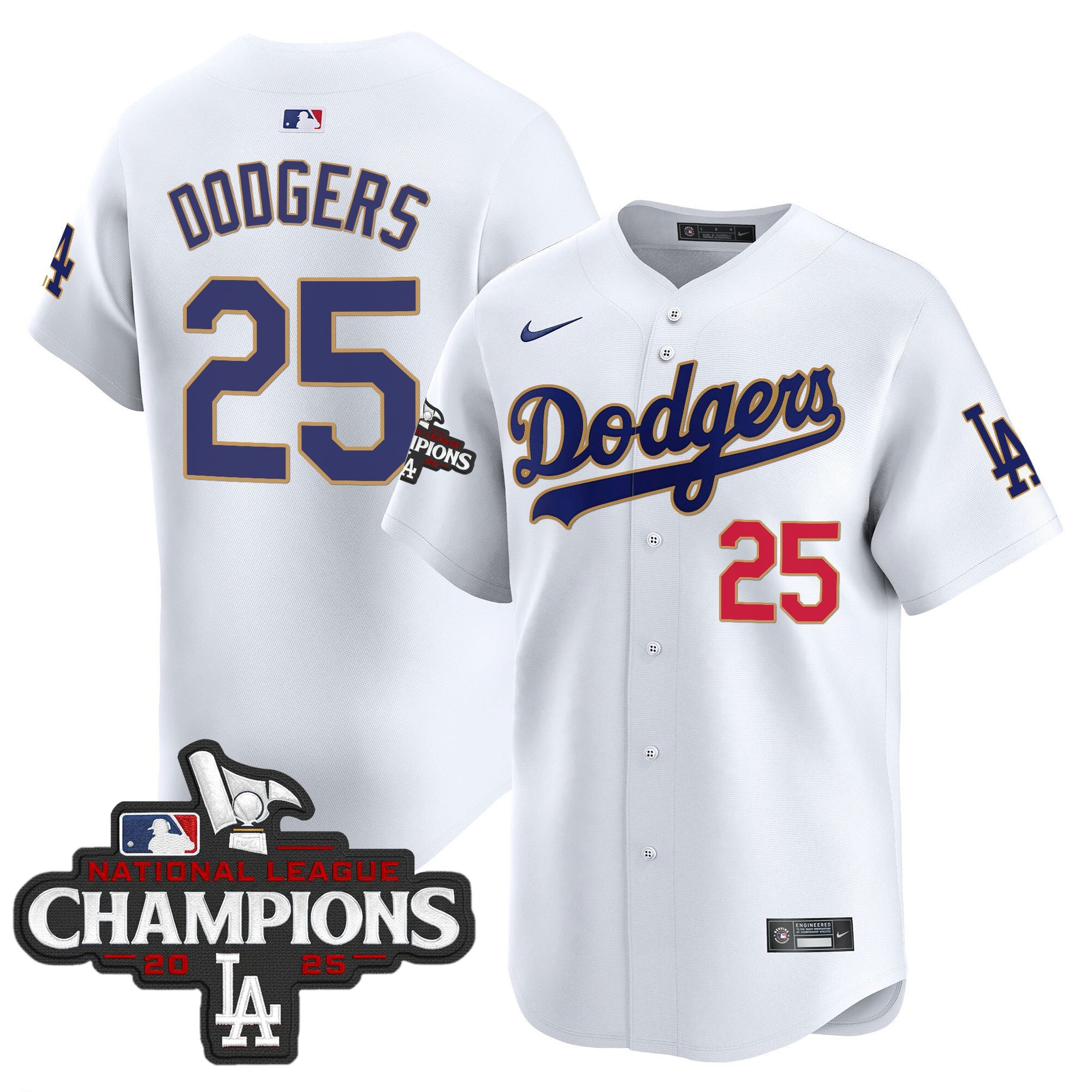 Men's Dodgers 2025 National League Champions Vapor Premier Limited Jersey - All Stitched - White, #25 Dodgers