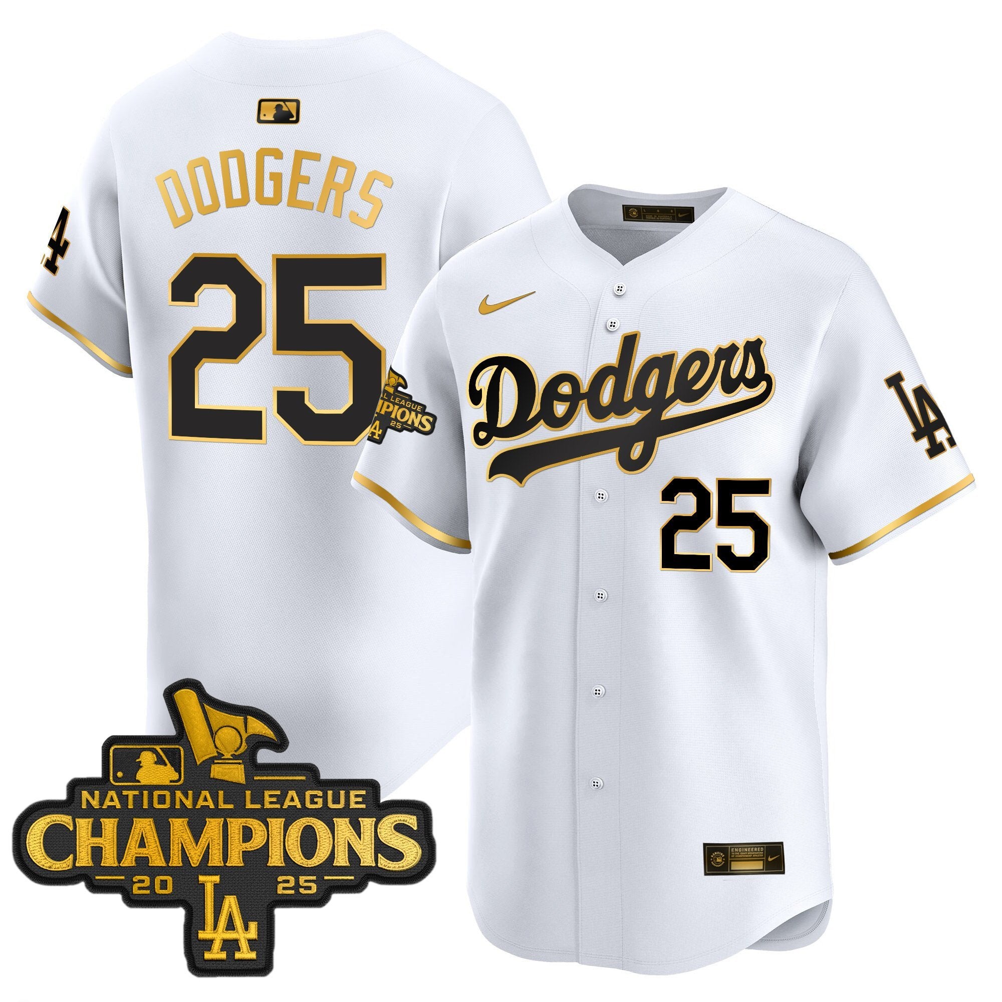 Men's Dodgers 2025 National League Champions Vapor Premier Limited Jersey - All Stitched - White Gold, #25 Dodgers