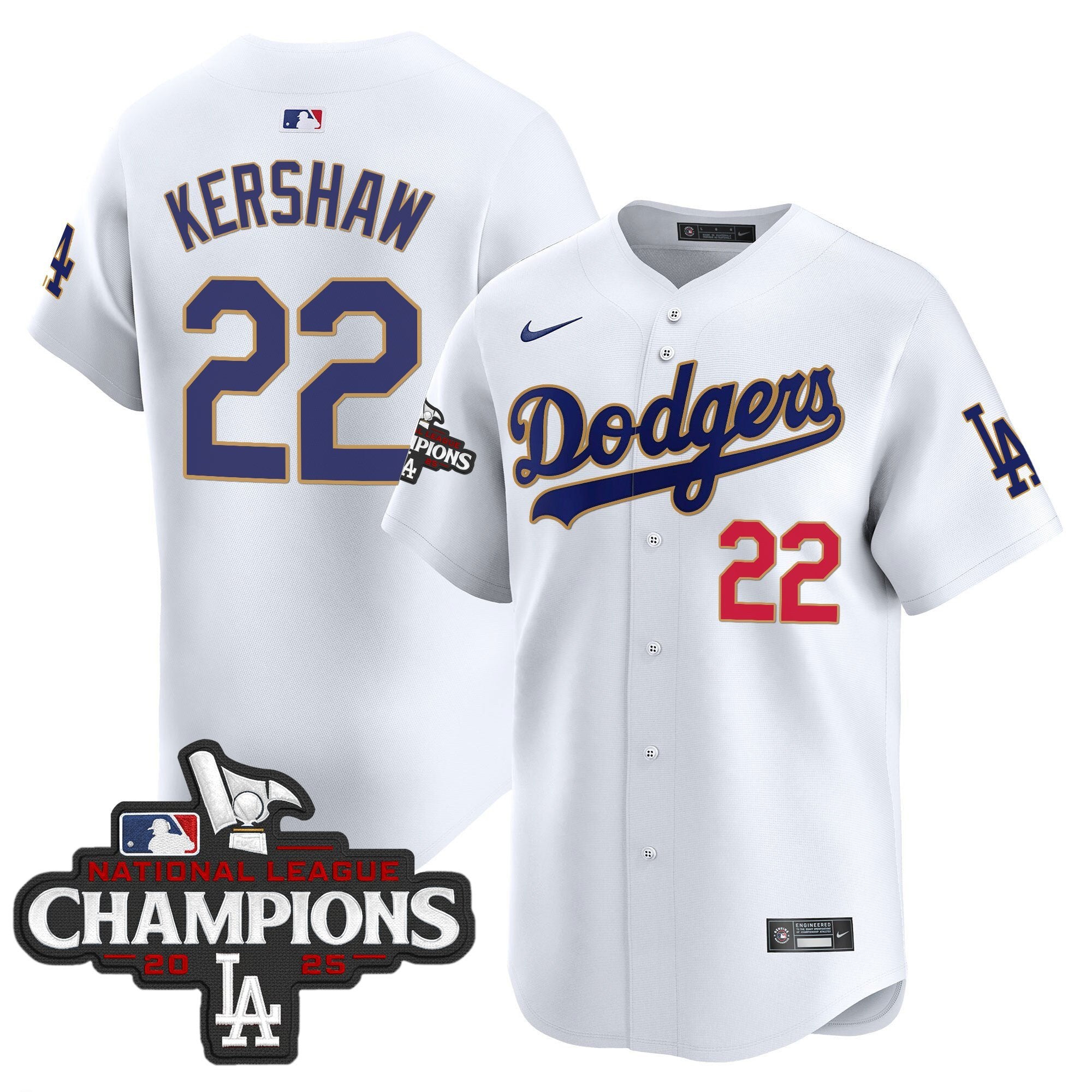 Men's Dodgers 2025 National League Champions Vapor Premier Limited Jersey - All Stitched - White, Clayton Kershaw