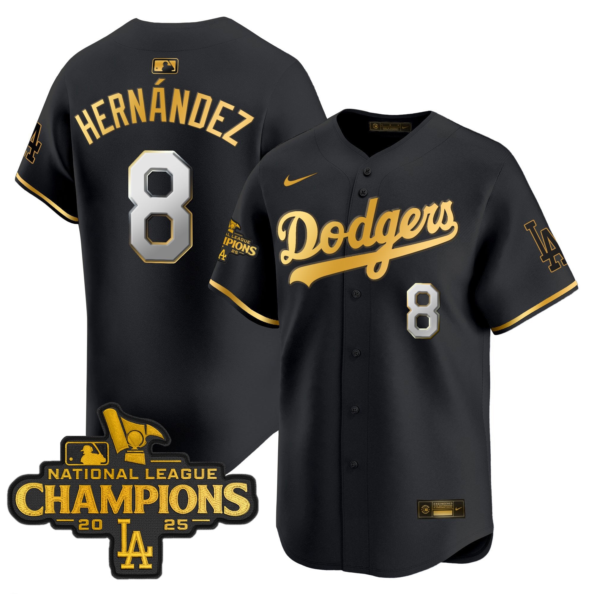 Men's Dodgers 2025 National League Champions Vapor Premier Limited Jersey - All Stitched - Black Gold, Kike Hernandez