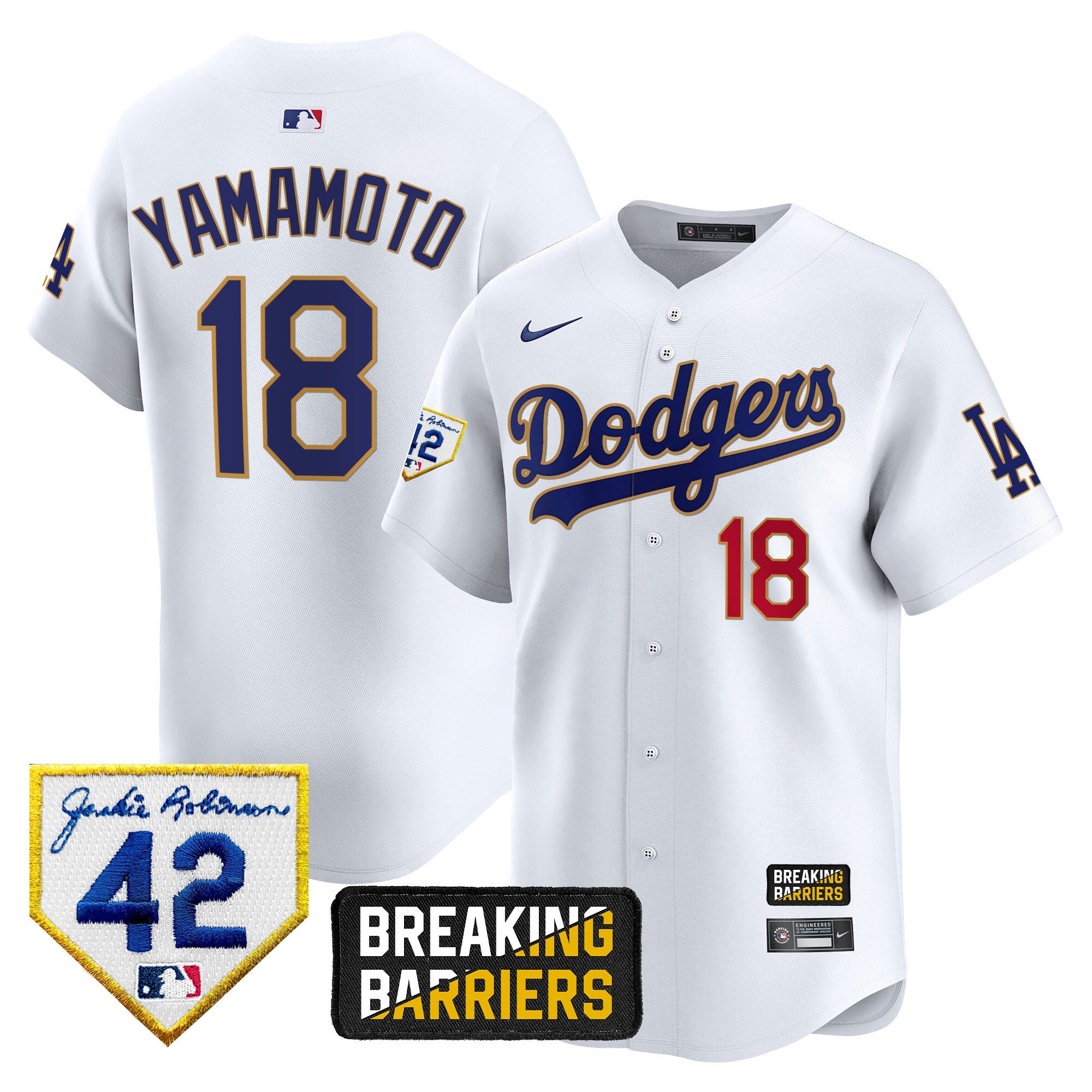 Men's Dodgers Jackie Robinson Breaking Barriers Patch Vapor Premier Limited Jersey - All Stitched - White, Yamamoto