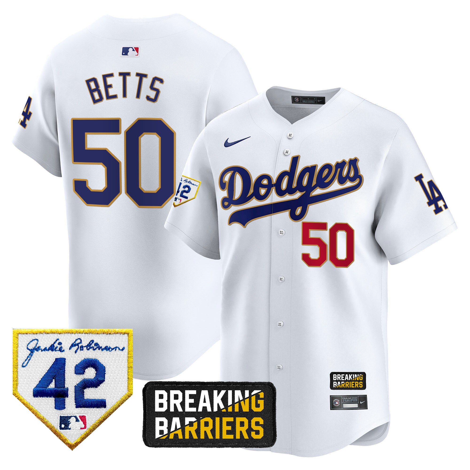 Men's Dodgers Jackie Robinson Breaking Barriers Patch Vapor Premier Limited Jersey - All Stitched - White, Mookie Betts