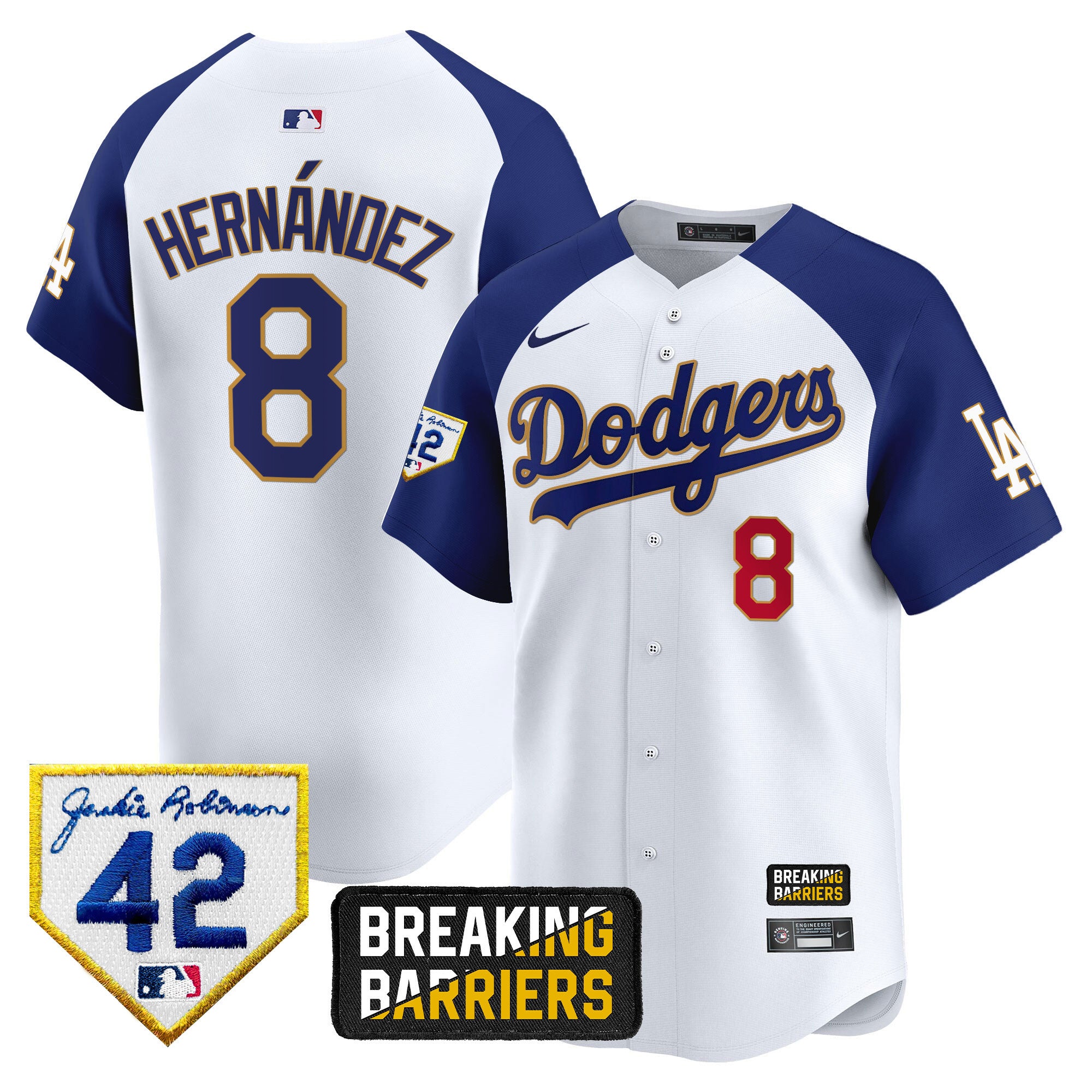 Men's Dodgers Jackie Robinson Breaking Barriers Patch Vapor Premier Limited Jersey - All Stitched - White Alternate, Kike Hernandez
