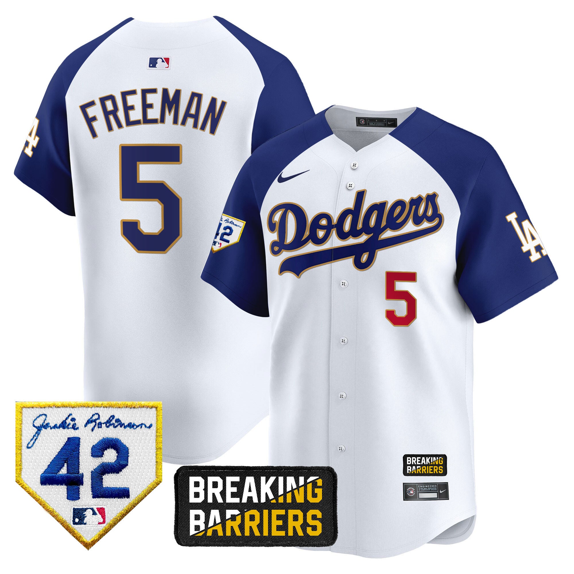 Men's Dodgers Jackie Robinson Breaking Barriers Patch Vapor Premier Limited Jersey - All Stitched - White Alternate, Freddie Freeman