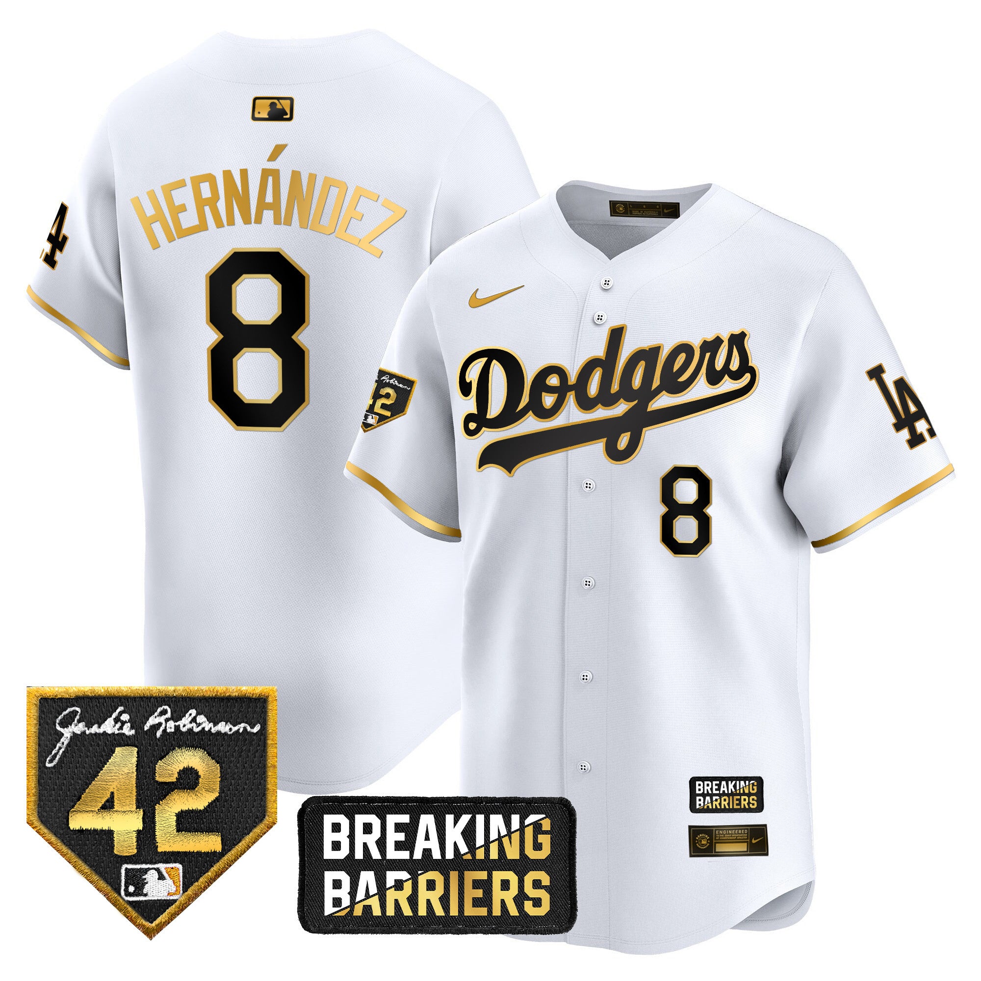 Men's Dodgers Jackie Robinson Breaking Barriers Patch Vapor Premier Limited Jersey - All Stitched - White Gold, Kike Hernandez