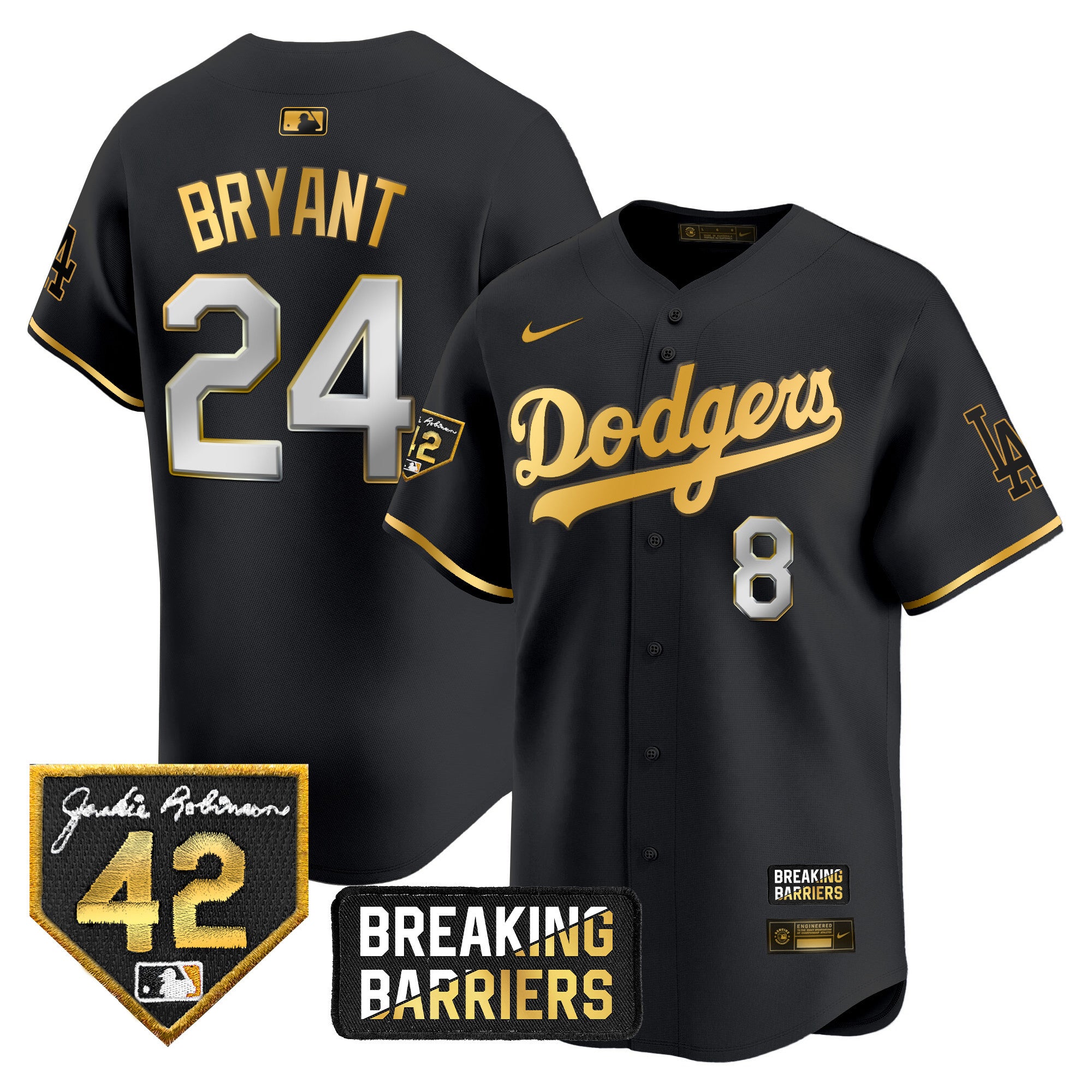 Men's Dodgers Jackie Robinson Breaking Barriers Patch Vapor Premier Limited Jersey - All Stitched - Black Gold, Kobe Bryant