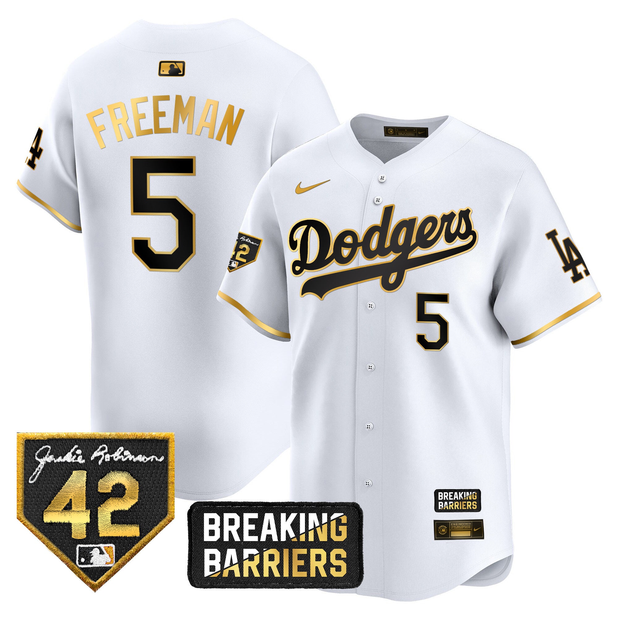 Men's Dodgers Jackie Robinson Breaking Barriers Patch Vapor Premier Limited Jersey - All Stitched - White Gold, Freddie Freeman