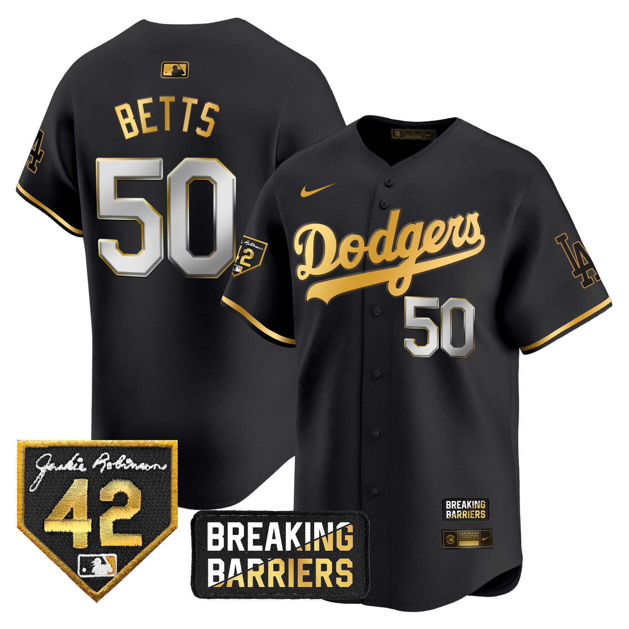 Men's Dodgers Jackie Robinson Breaking Barriers Patch Vapor Premier Limited Jersey - All Stitched - Black Gold, Mookie Betts