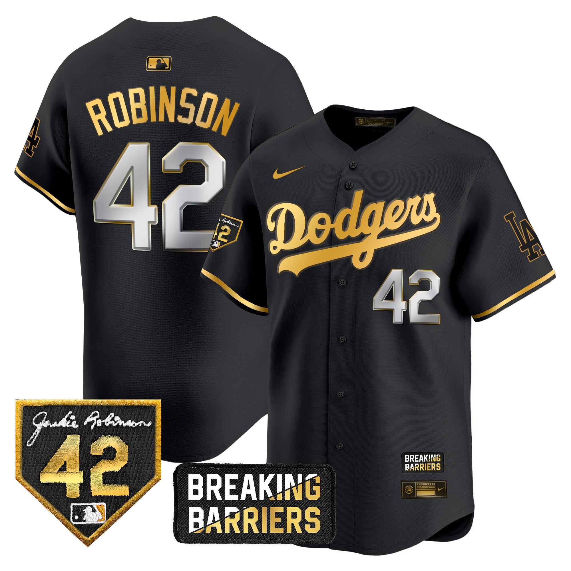 Men's Dodgers Jackie Robinson Breaking Barriers Patch Vapor Premier Limited Jersey - All Stitched - Black Gold, Jackie Robinson