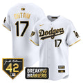 Men's Dodgers Jackie Robinson Breaking Barriers Patch Vapor Premier Limited Jersey - All Stitched - White Gold, Shohei Ohtani