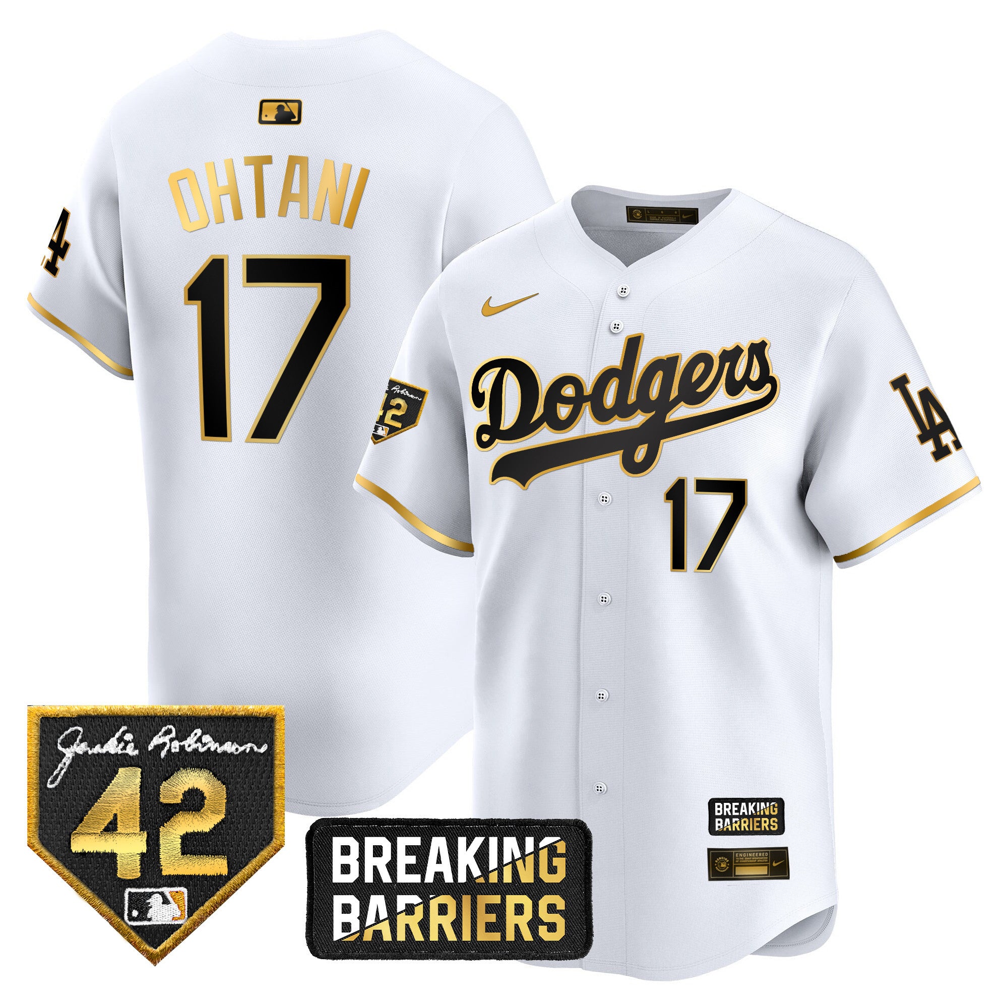 Men's Dodgers Jackie Robinson Breaking Barriers Patch Vapor Premier Limited Jersey - All Stitched - White Gold, Shohei Ohtani