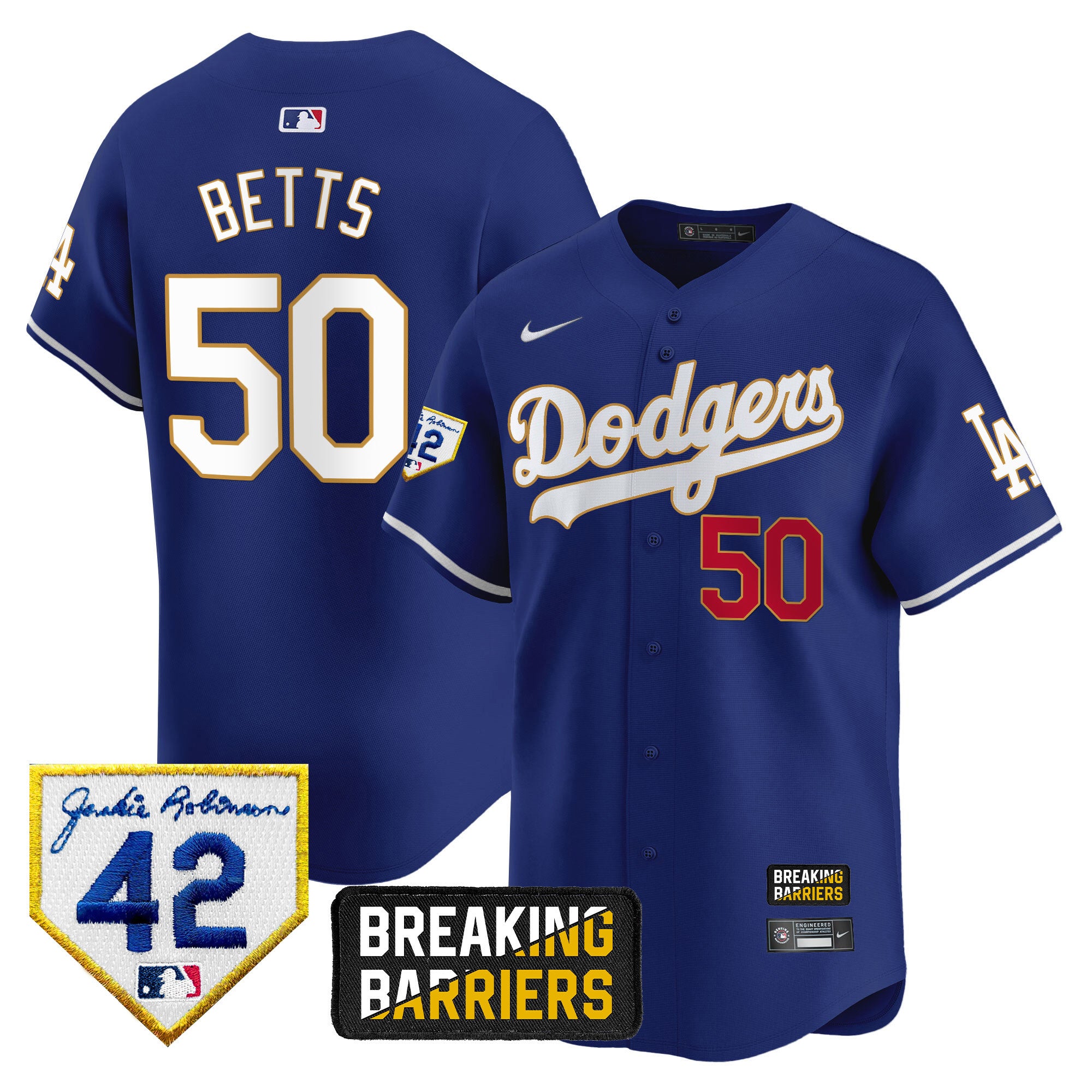 Men's Dodgers Jackie Robinson Breaking Barriers Patch Vapor Premier Limited Jersey - All Stitched - Royal, Mookie Betts