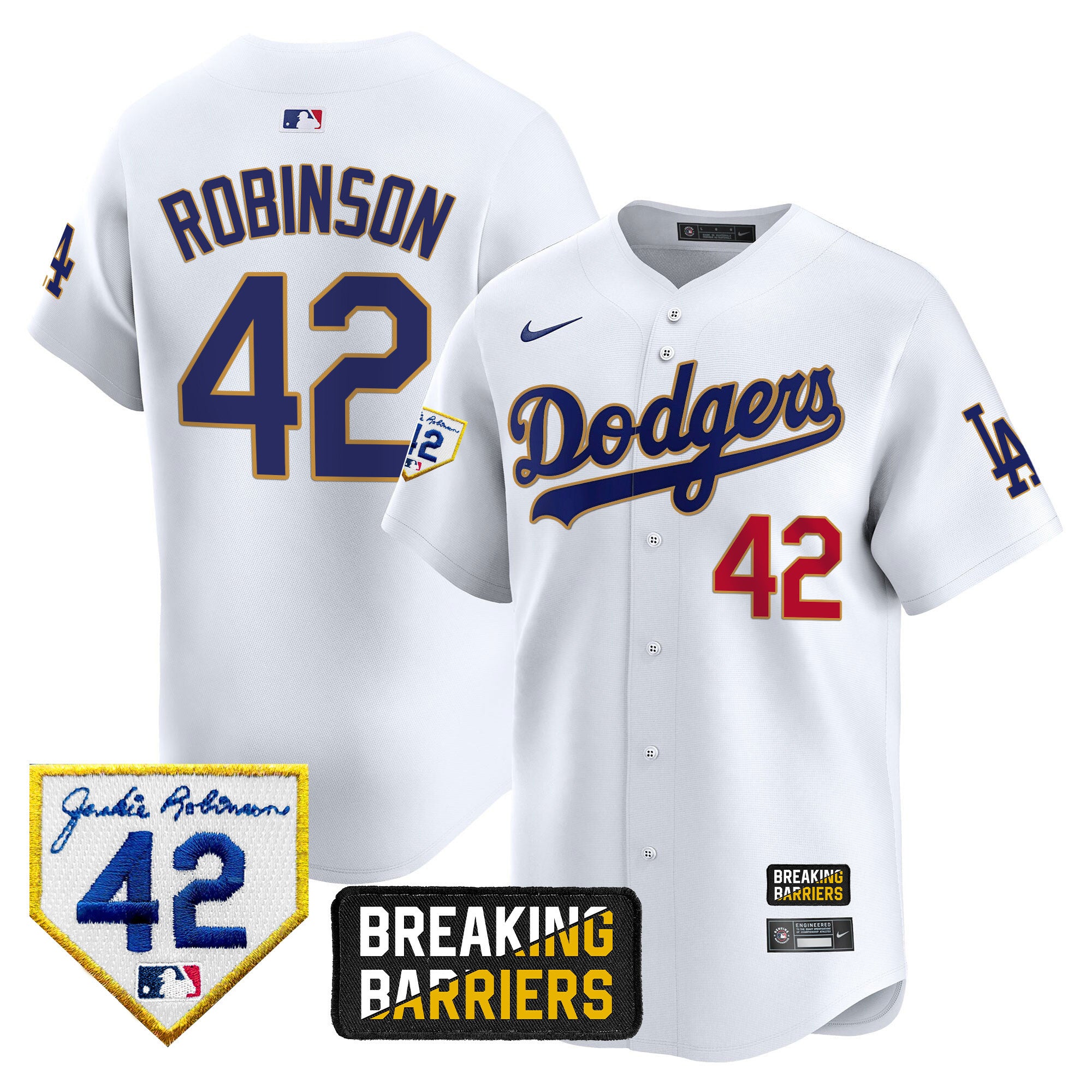 Men's Dodgers Jackie Robinson Breaking Barriers Patch Vapor Premier Limited Jersey - All Stitched - White, Jackie Robinson