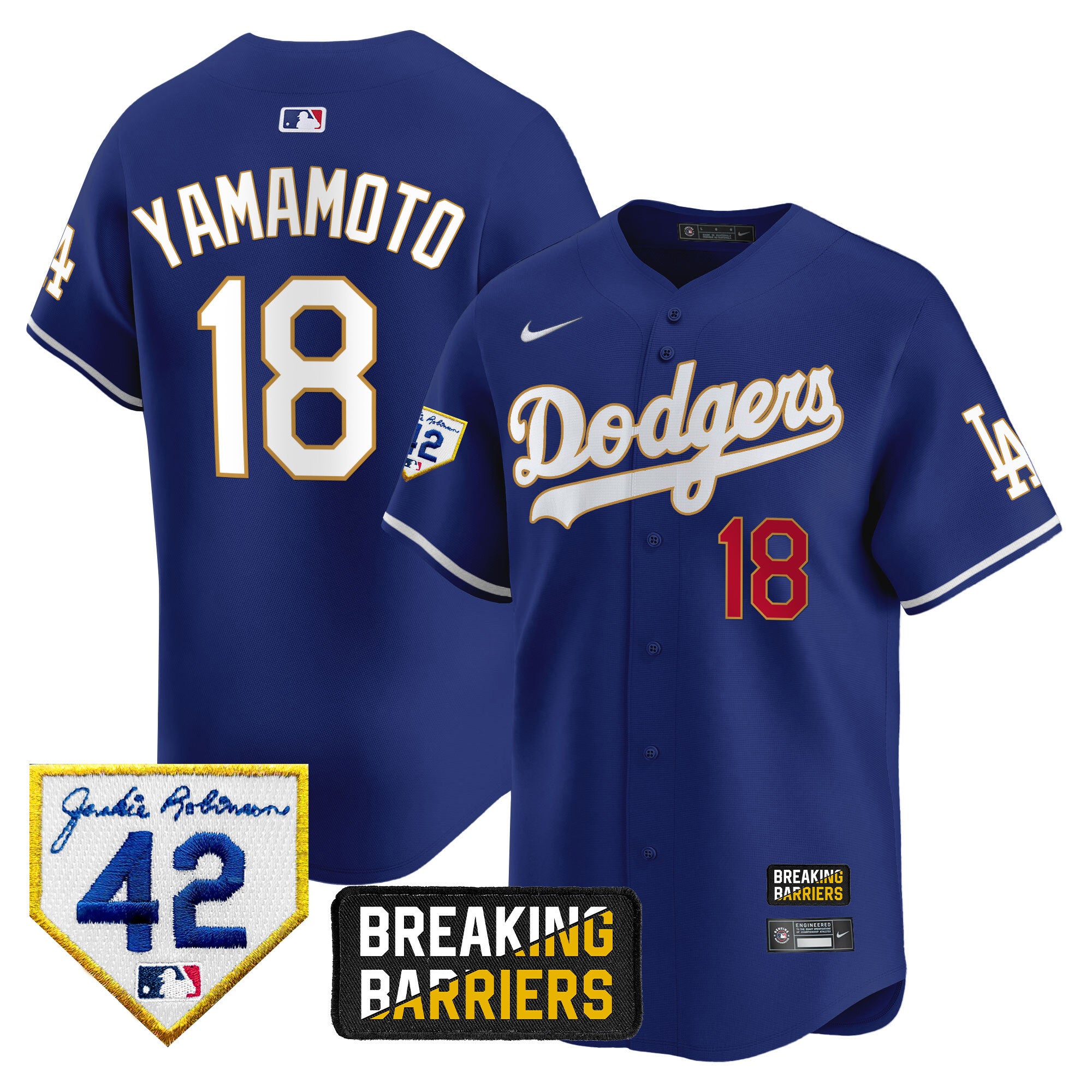 Men's Dodgers Jackie Robinson Breaking Barriers Patch Vapor Premier Limited Jersey - All Stitched - Royal, Yamamoto