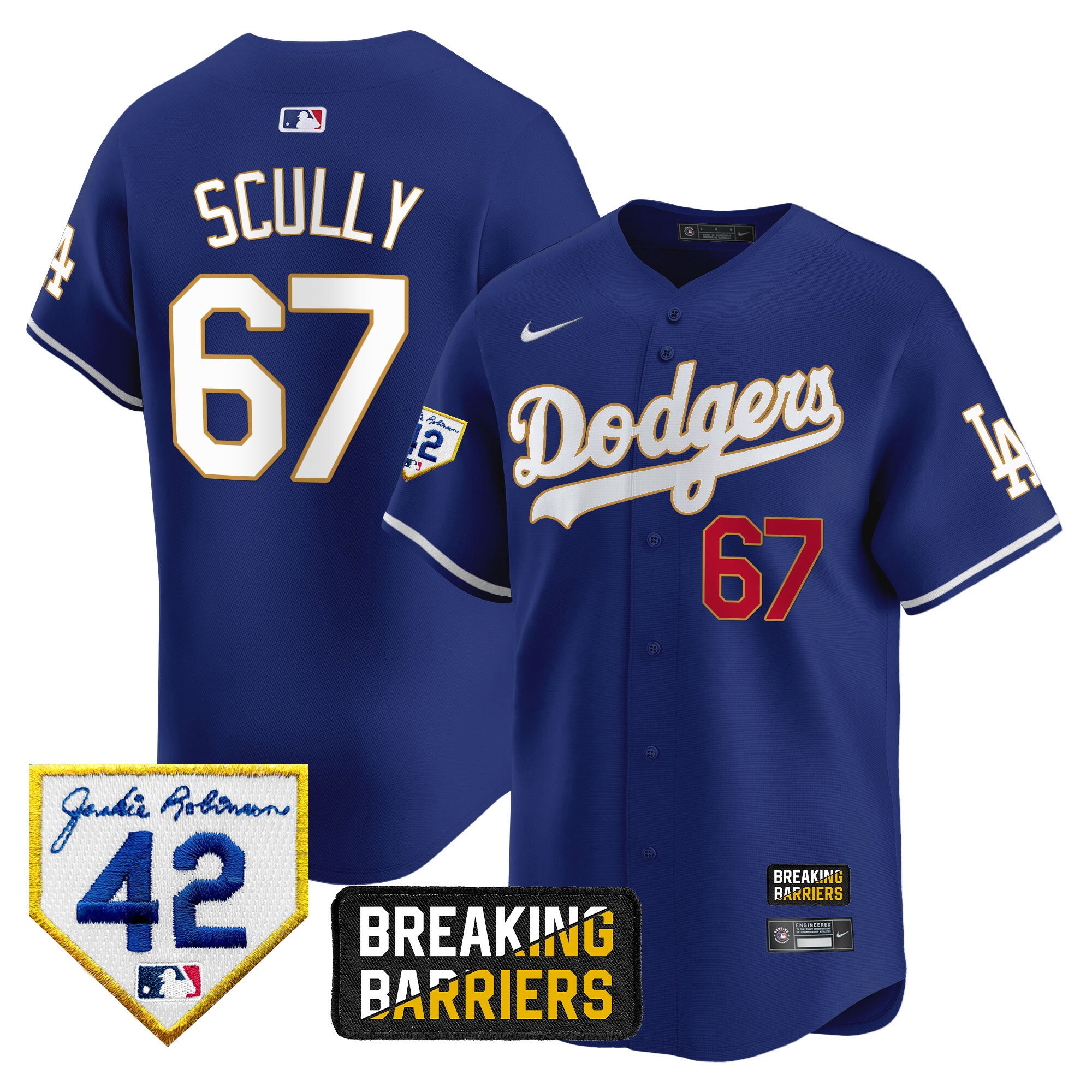 Men's Dodgers Jackie Robinson Breaking Barriers Patch Vapor Premier Limited Jersey - All Stitched - Royal, Vin Scully