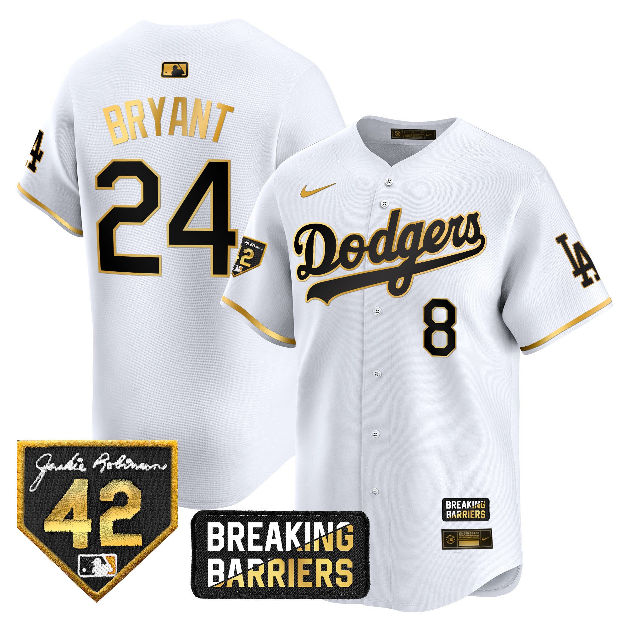 Men's Dodgers Jackie Robinson Breaking Barriers Patch Vapor Premier Limited Jersey - All Stitched - White Gold, Kobe Bryant