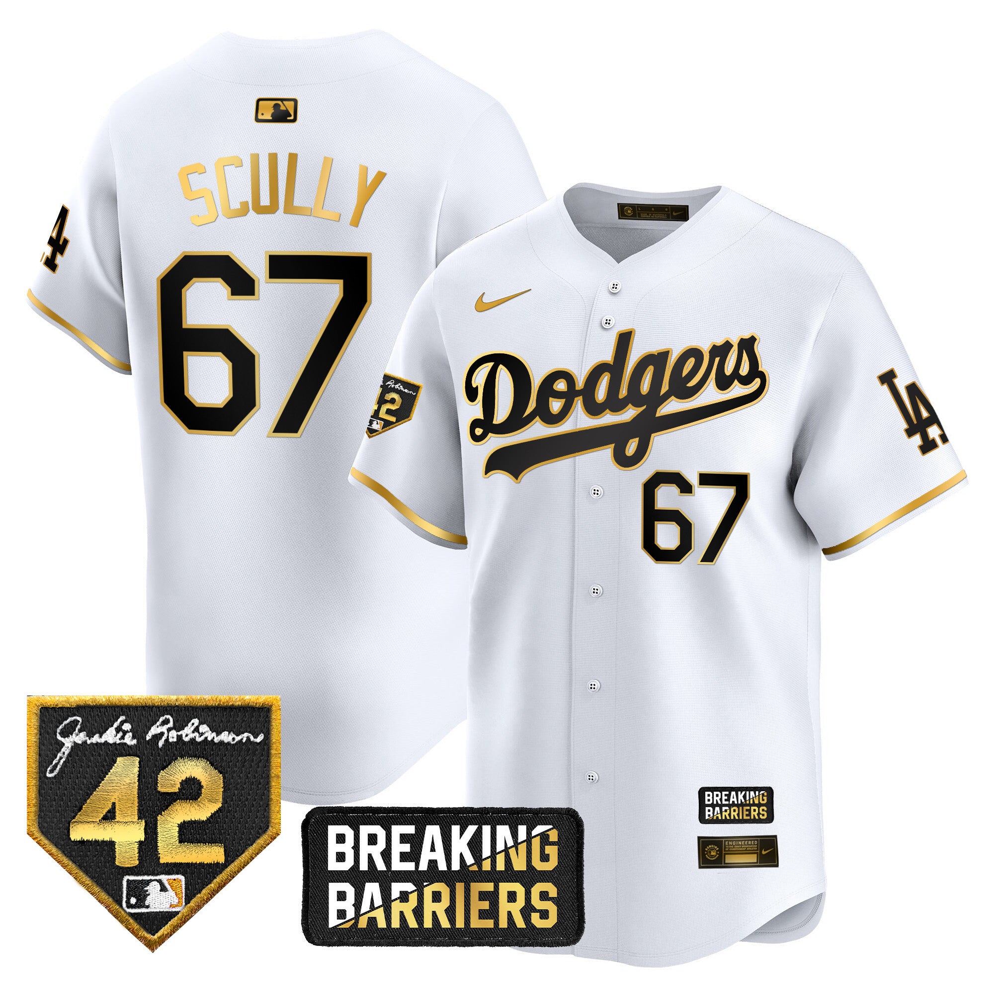 Men's Dodgers Jackie Robinson Breaking Barriers Patch Vapor Premier Limited Jersey - All Stitched - White Gold, Vin Scully