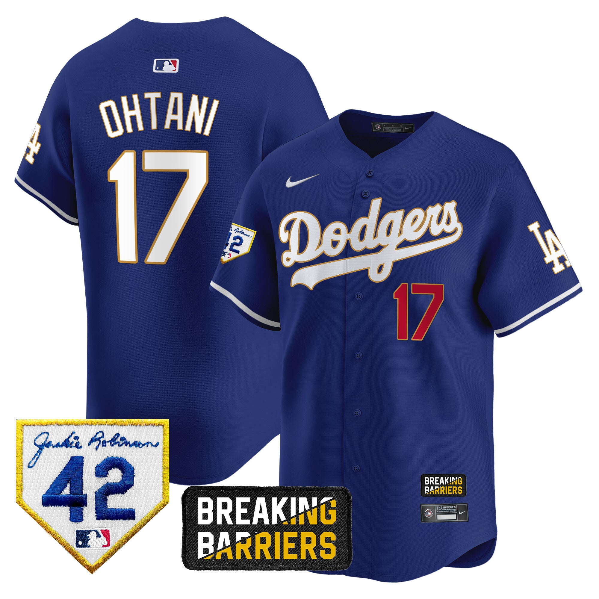 Men's Dodgers Jackie Robinson Breaking Barriers Patch Vapor Premier Limited Jersey - All Stitched - Royal, Shohei Ohtani