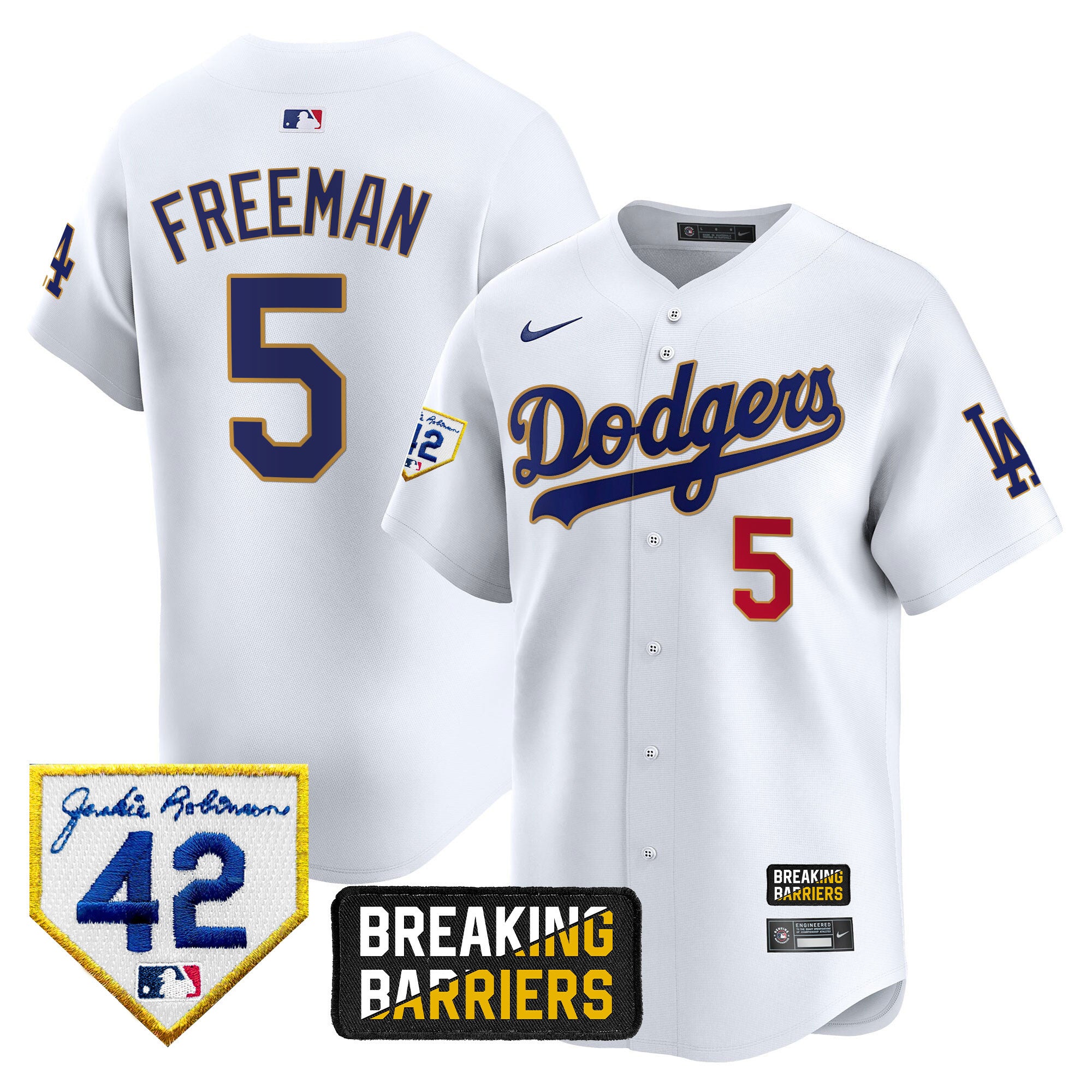 Men's Dodgers Jackie Robinson Breaking Barriers Patch Vapor Premier Limited Jersey - All Stitched - White, Freddie Freeman