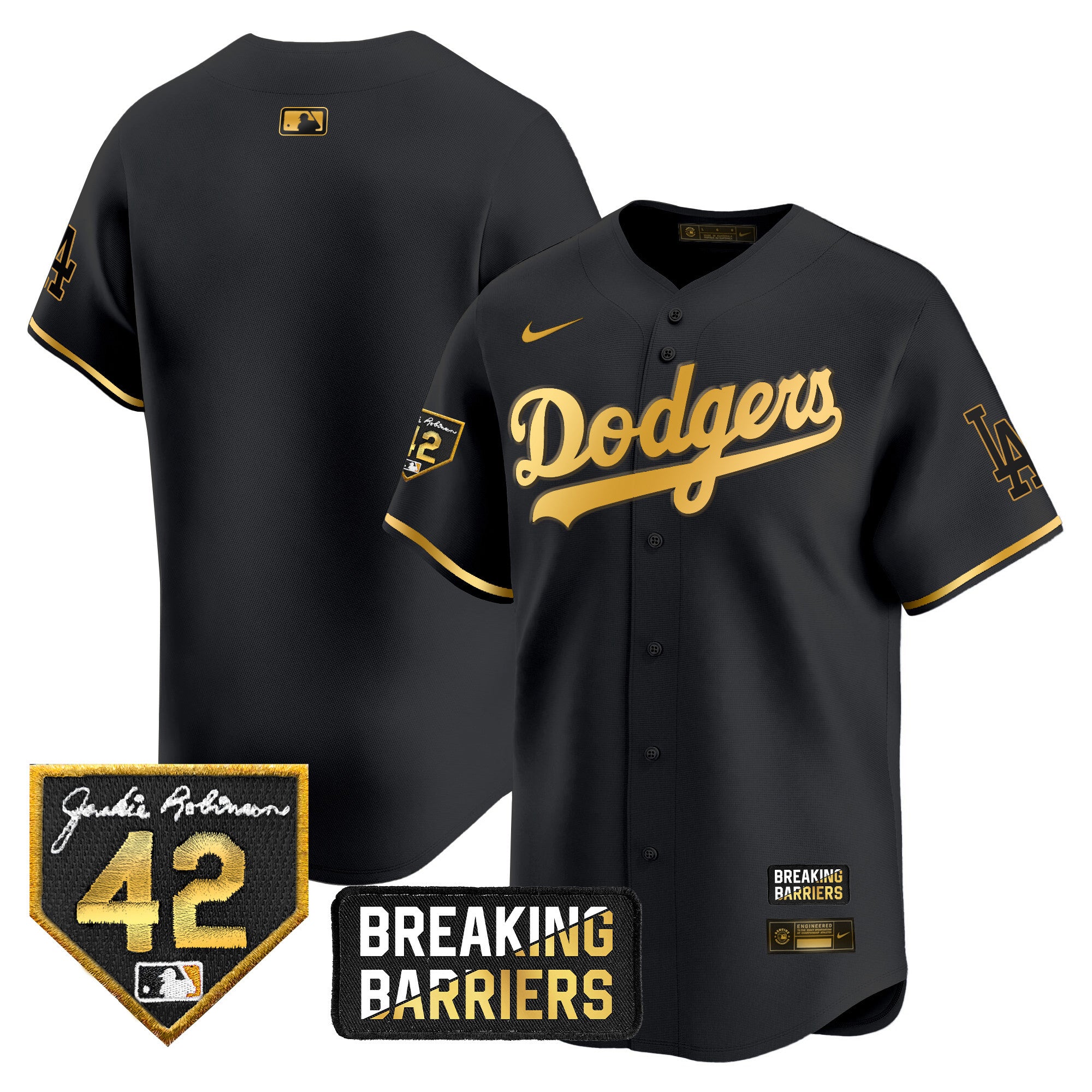 Men's Dodgers Jackie Robinson Breaking Barriers Patch Vapor Premier Limited Jersey - All Stitched - Black Gold, Team