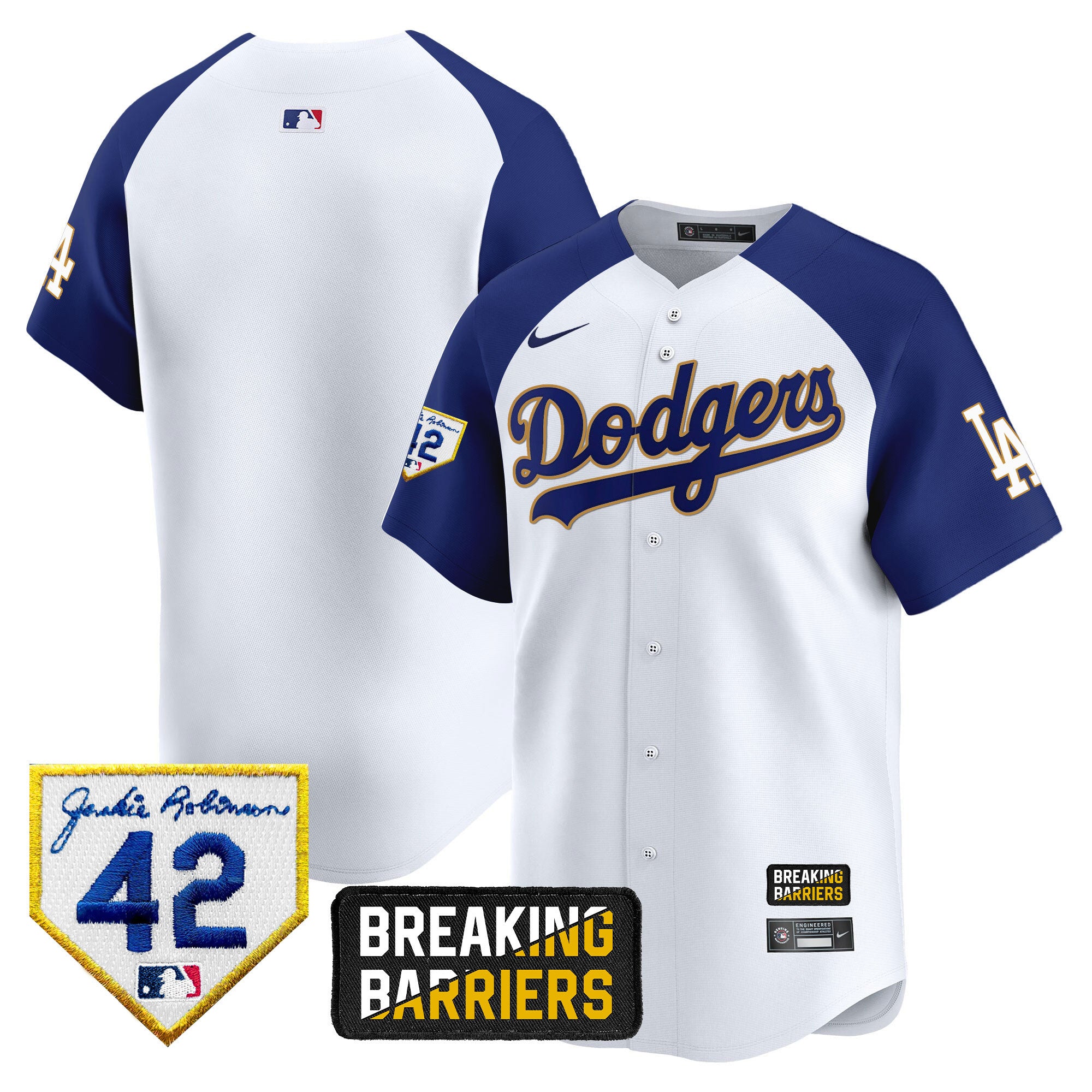 Men's Dodgers Jackie Robinson Breaking Barriers Patch Vapor Premier Limited Jersey - All Stitched - White Alternate, Team
