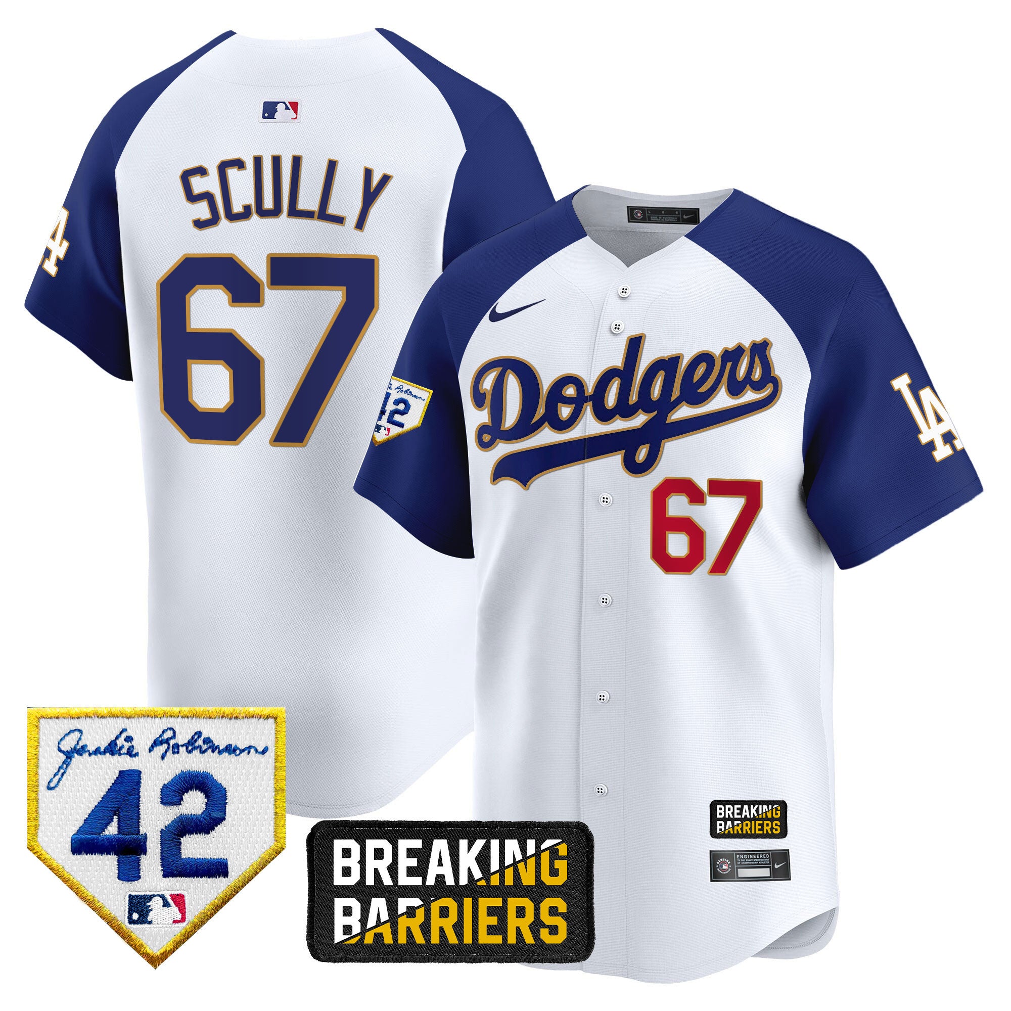 Men's Dodgers Jackie Robinson Breaking Barriers Patch Vapor Premier Limited Jersey - All Stitched - White Alternate, Vin Scully