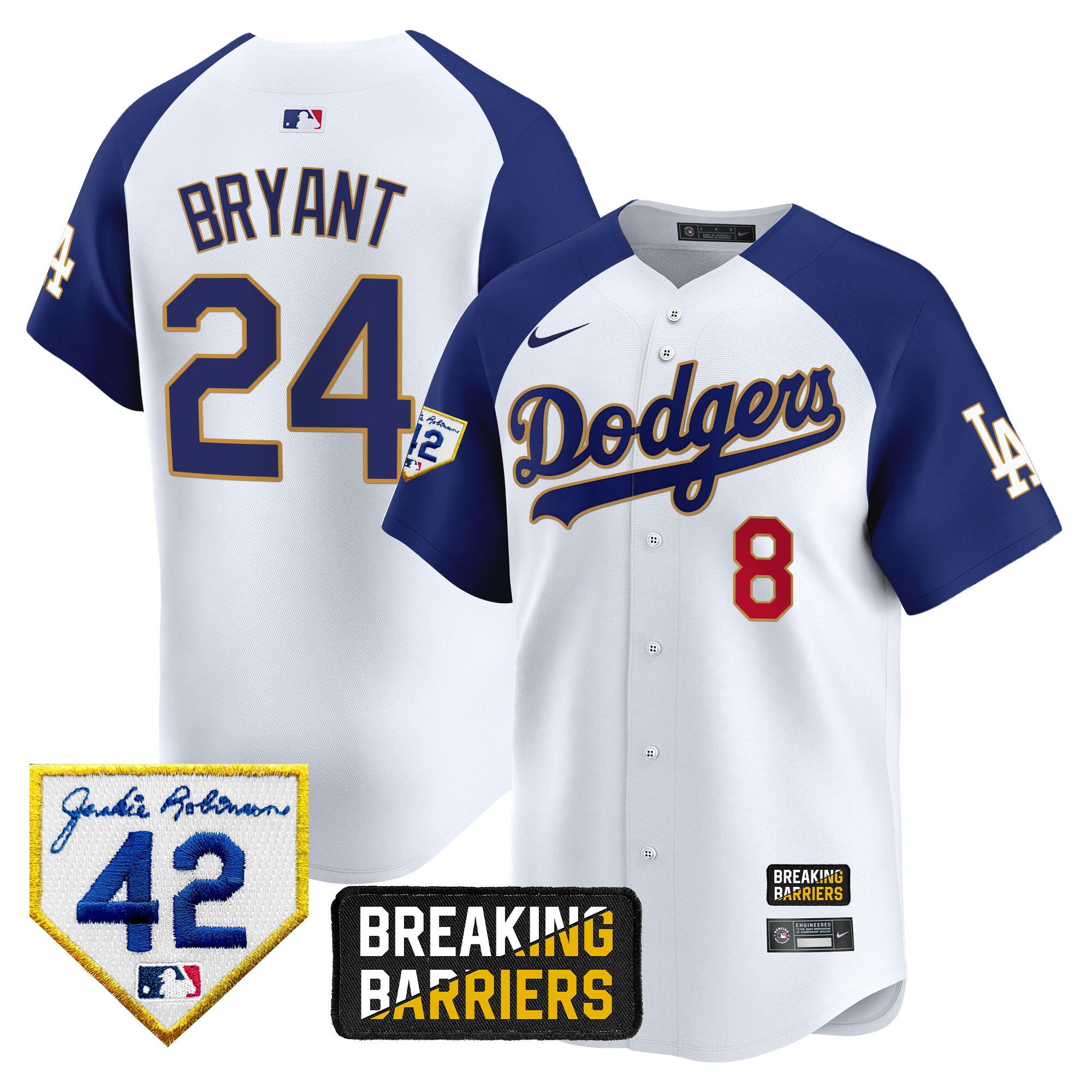 Men's Dodgers Jackie Robinson Breaking Barriers Patch Vapor Premier Limited Jersey - All Stitched - White Alternate, Kobe Bryant