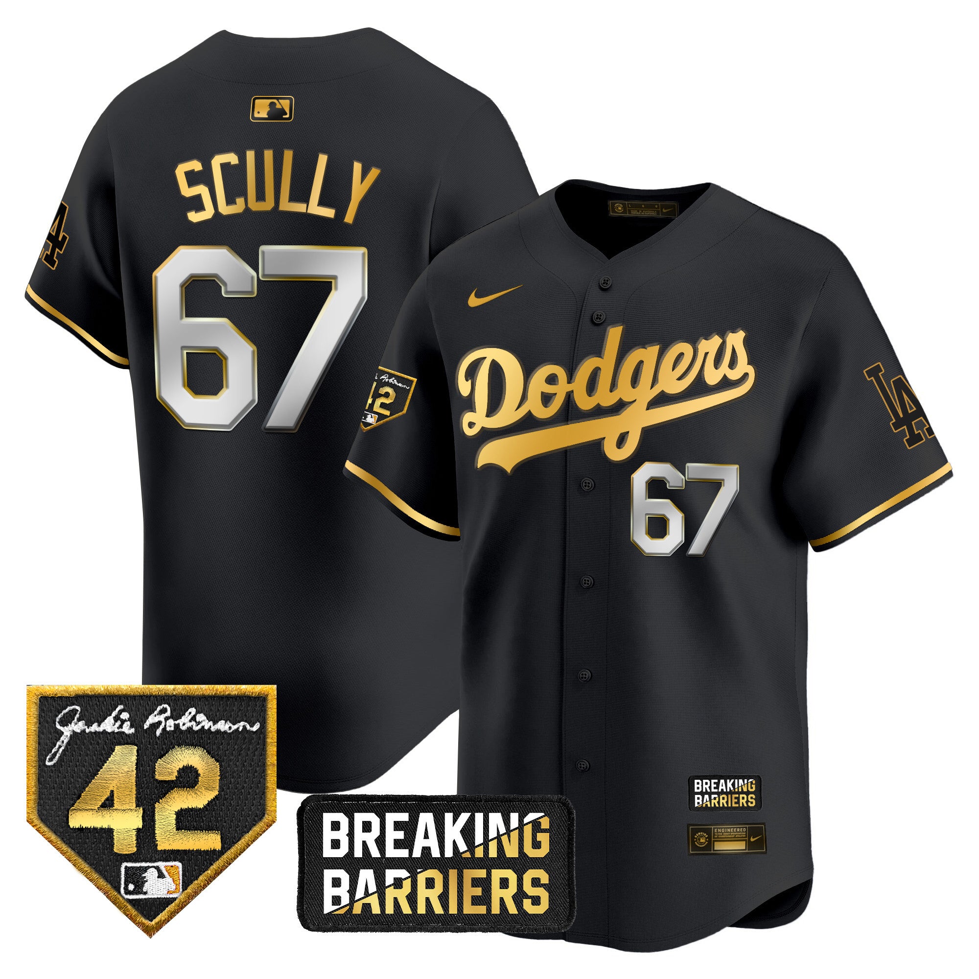 Men's Dodgers Jackie Robinson Breaking Barriers Patch Vapor Premier Limited Jersey - All Stitched - Black Gold, Vin Scully