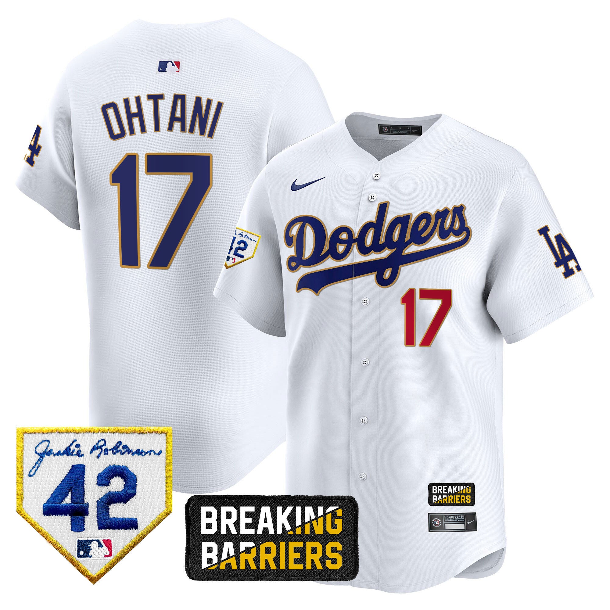 Men's Dodgers Jackie Robinson Breaking Barriers Patch Vapor Premier Limited Jersey - All Stitched - White, Shohei Ohtani