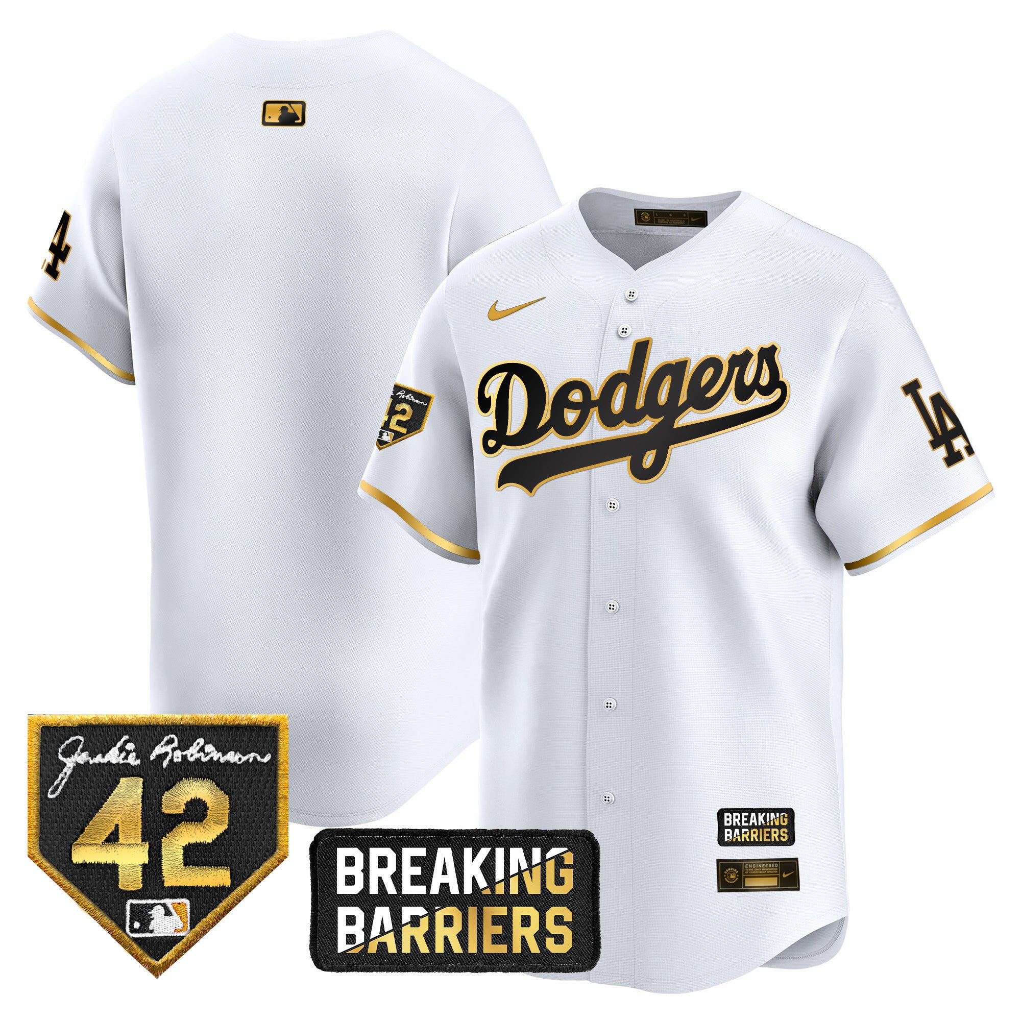 Men's Dodgers Jackie Robinson Breaking Barriers Patch Vapor Premier Limited Jersey - All Stitched - White Gold, Team