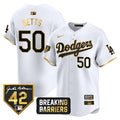 Men's Dodgers Jackie Robinson Breaking Barriers Patch Vapor Premier Limited Jersey - All Stitched - White Gold, Mookie Betts