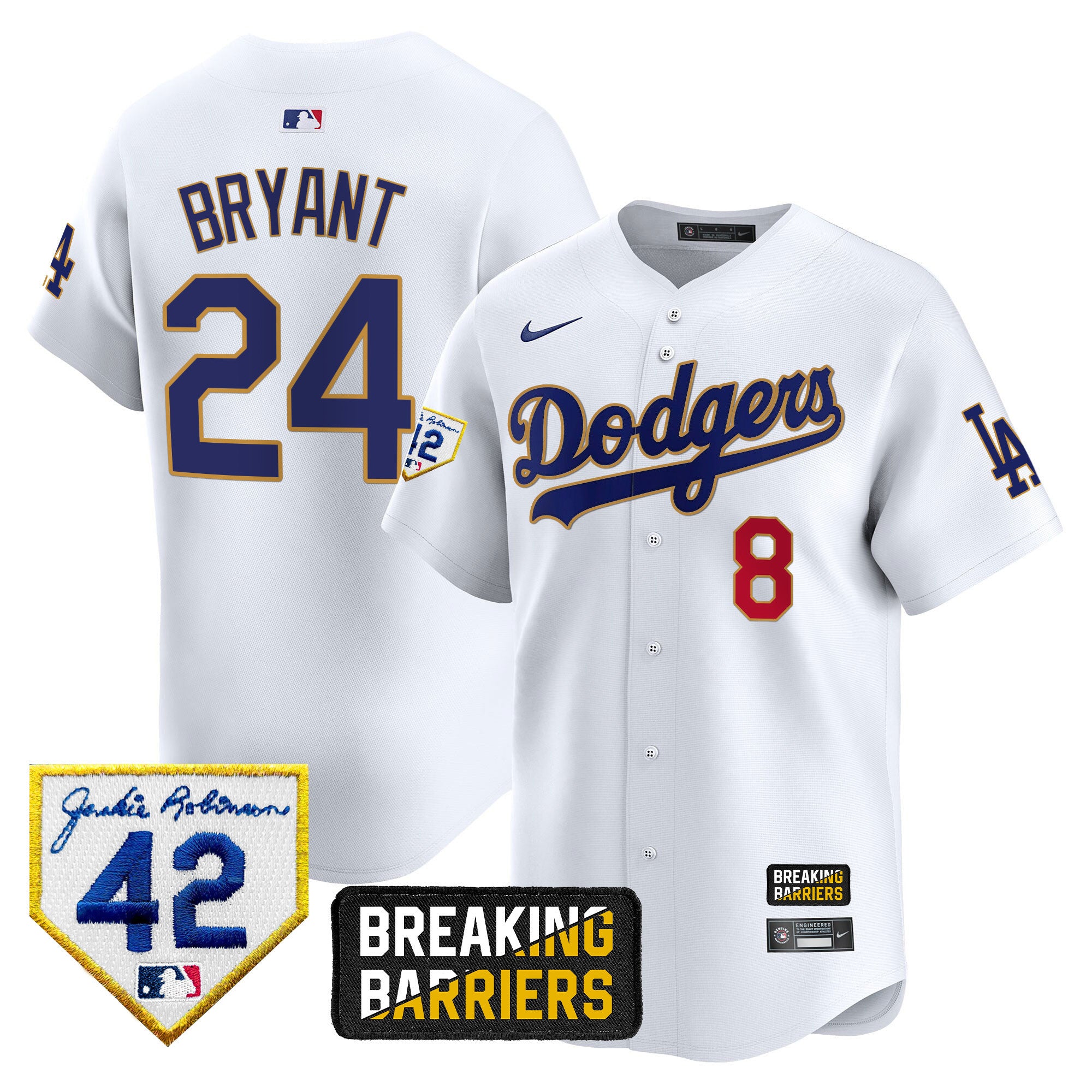 Men's Dodgers Jackie Robinson Breaking Barriers Patch Vapor Premier Limited Jersey - All Stitched - White, Kobe Bryant