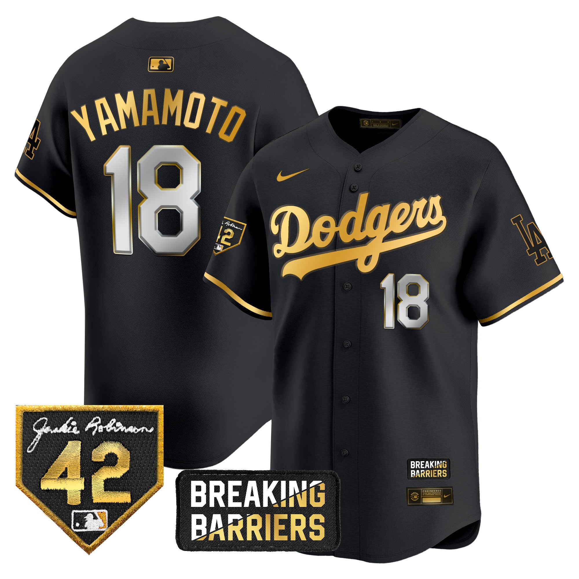 Men's Dodgers Jackie Robinson Breaking Barriers Patch Vapor Premier Limited Jersey - All Stitched - Black Gold, Yamamoto