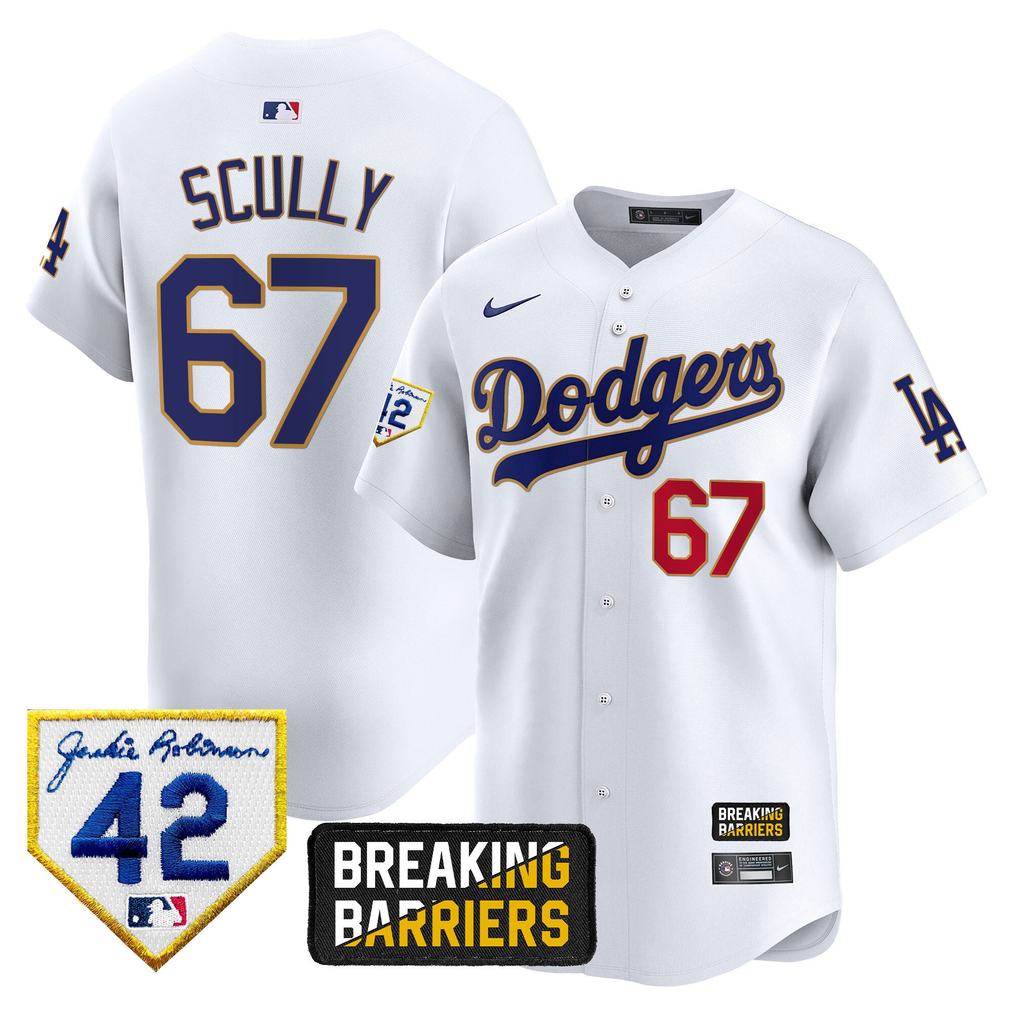Men's Dodgers Jackie Robinson Breaking Barriers Patch Vapor Premier Limited Jersey - All Stitched - White, Vin Scully
