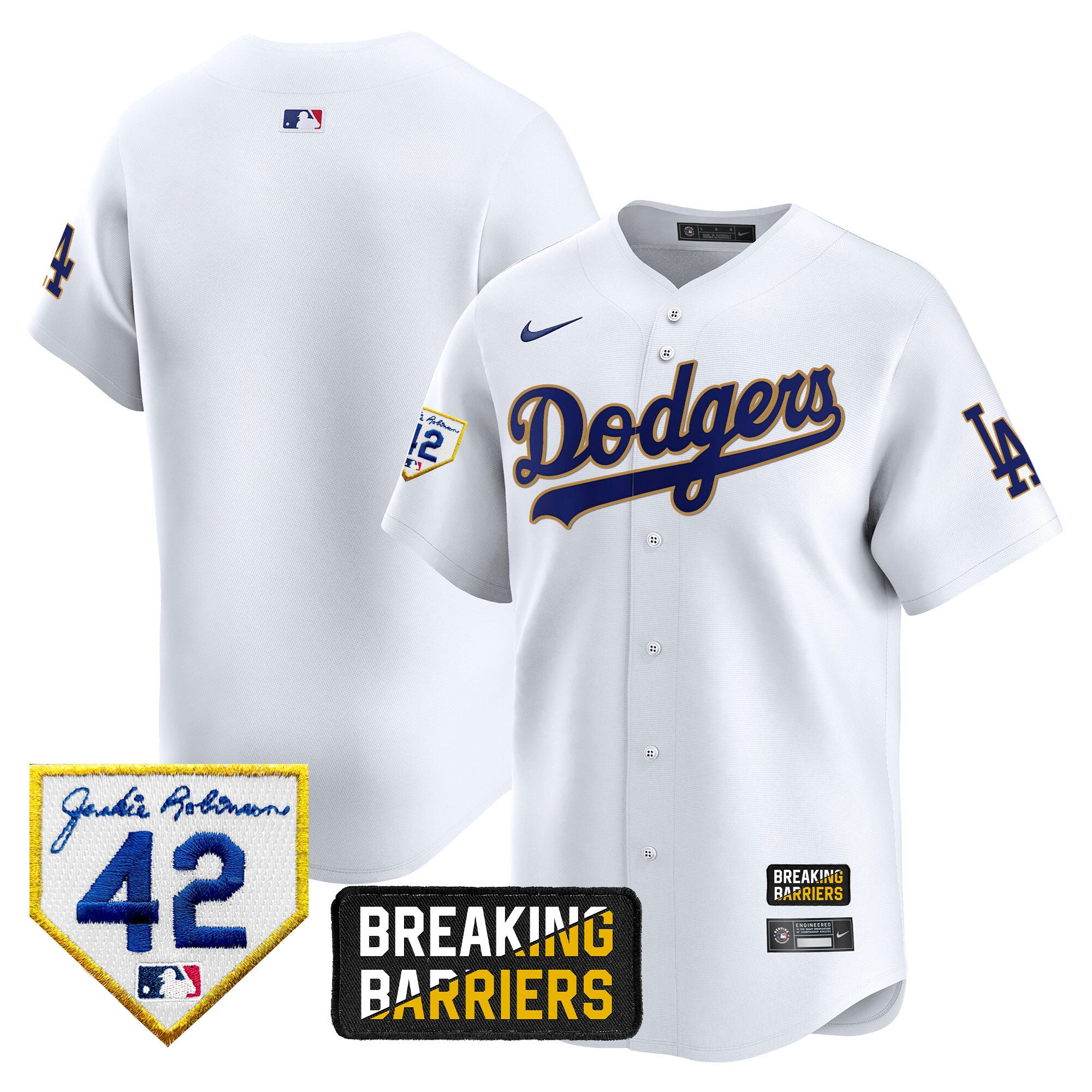 Men's Dodgers Jackie Robinson Breaking Barriers Patch Vapor Premier Limited Jersey - All Stitched - White, Team