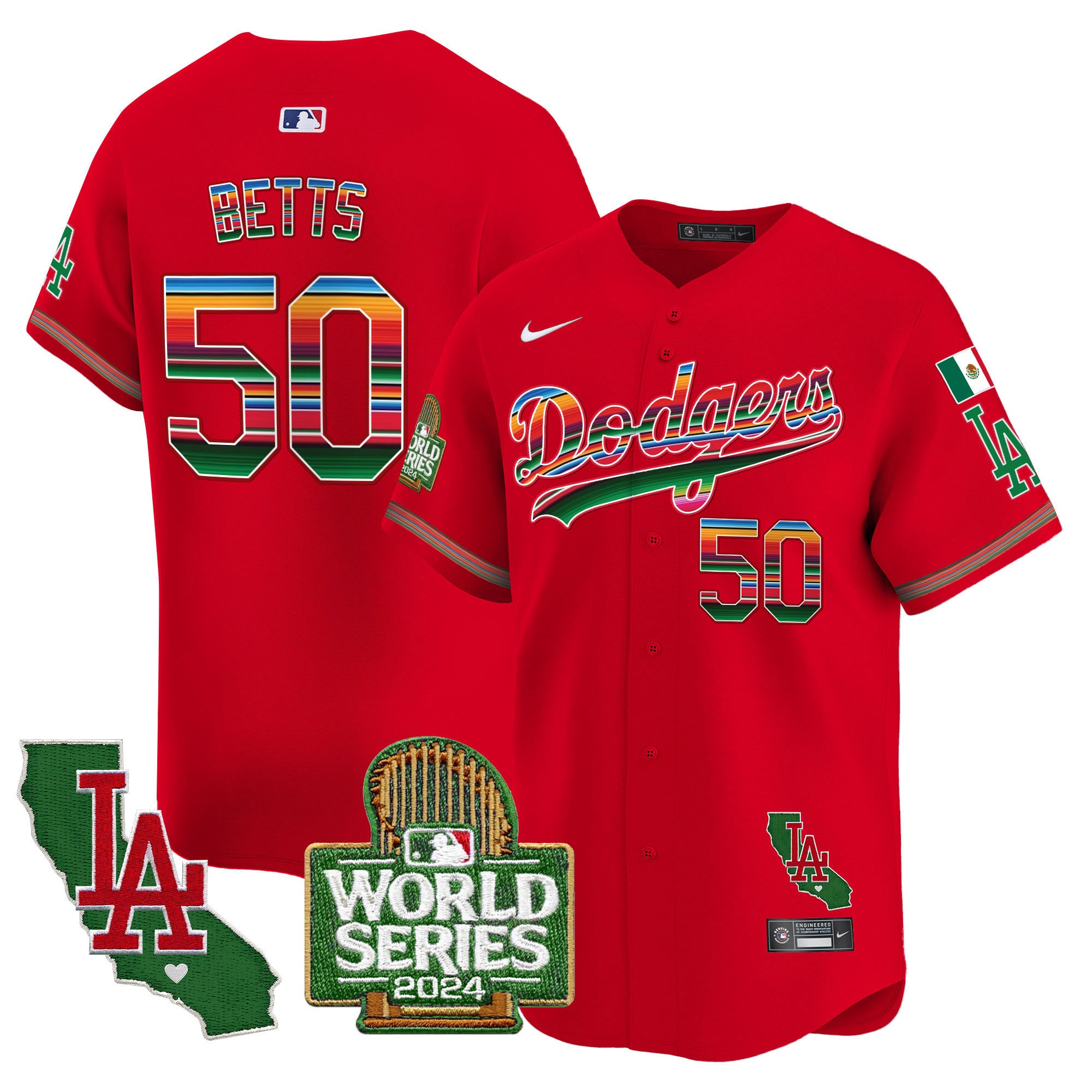 Men's Dodgers Mexico 2024 World Series Vapor Premier Limited Jersey - All Stitched - Red, Mookie Betts