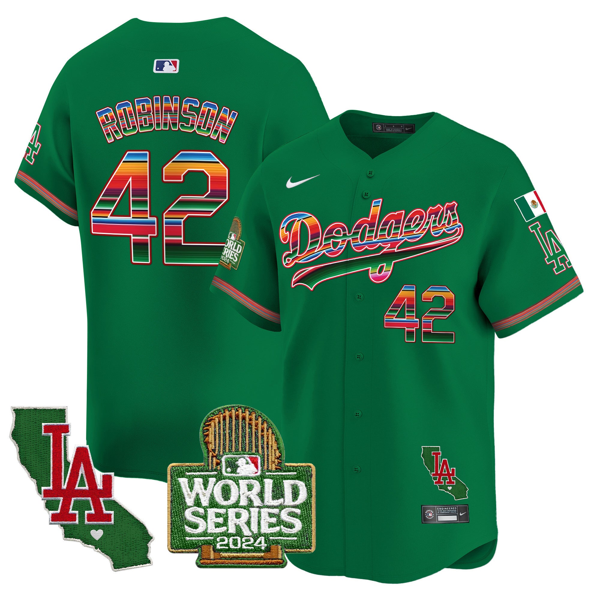 Men's Dodgers Mexico 2024 World Series Vapor Premier Limited Jersey - All Stitched - Green, Jackie Robinson